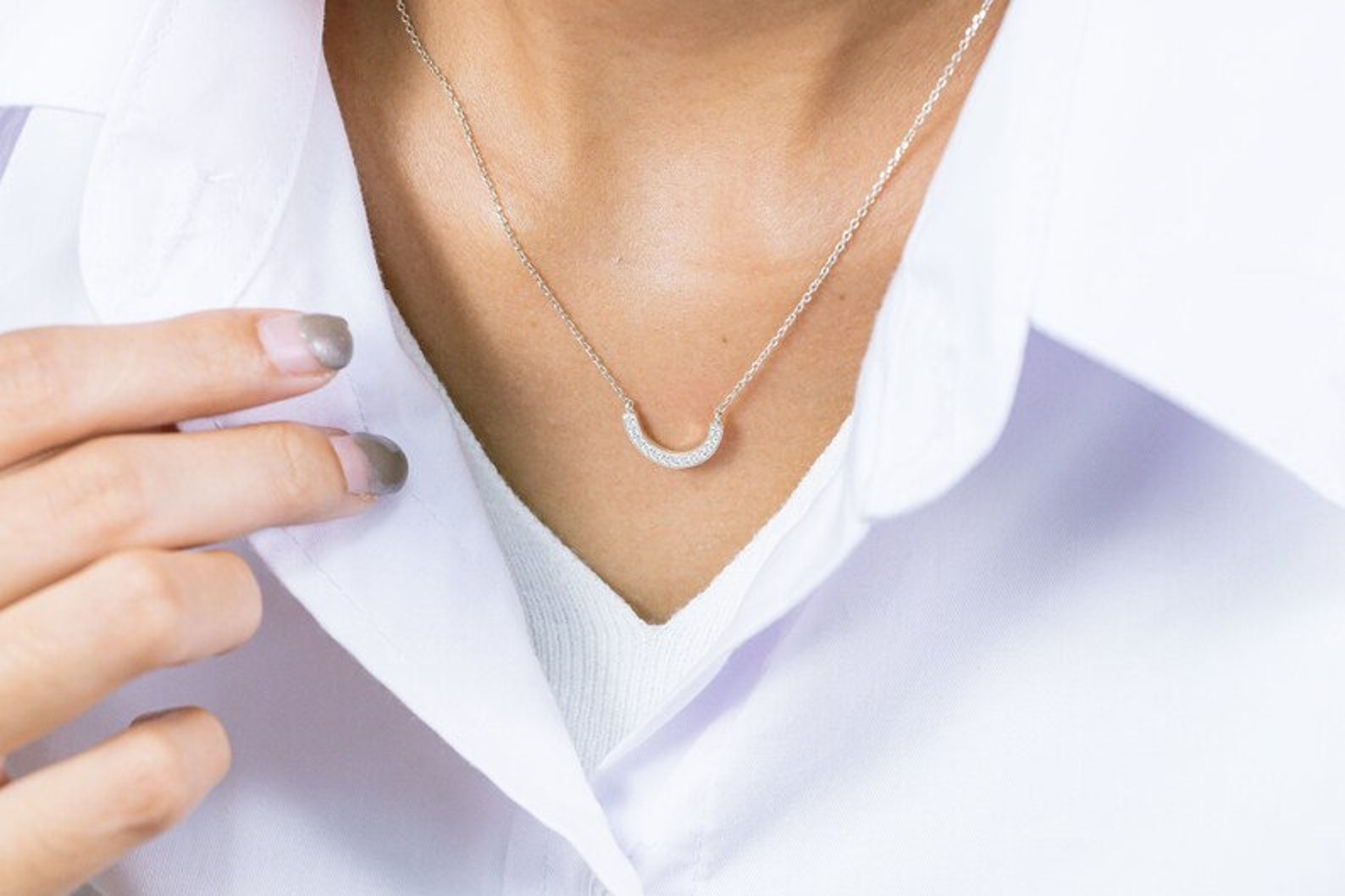 Diamond Curved Necklace, U Shape Necklace, Curved Cluster Diamond Necklace, Bridesmaid Gift, Gift for Her