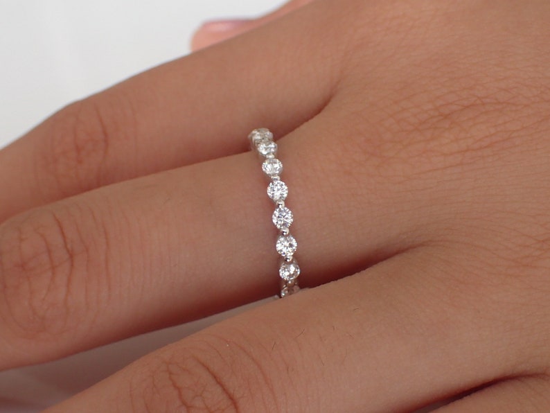 2.0 MM Single Prong Diamond Wedding Band / Floating Bubble Prong Stackable Band / Sterling Silver Full Eternity Stackable Band