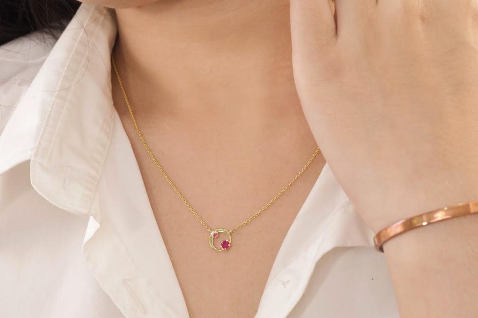 Ruby Karma Circle Necklace, July Birthstone Necklace, Open Circle Karma Necklace, Minimalist Circle Necklace, Layering Necklace