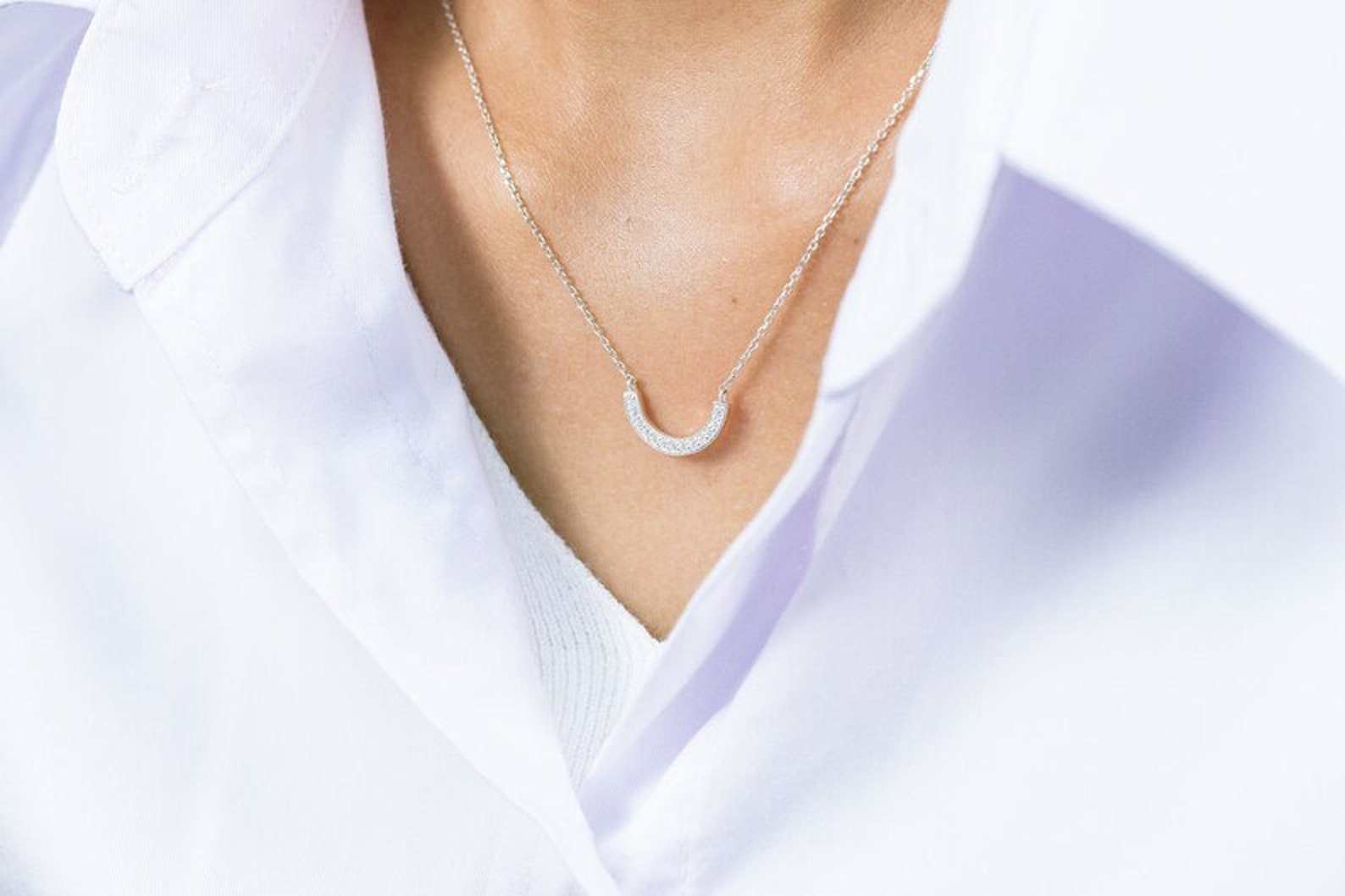 Diamond Curved Necklace, U Shape Necklace, Curved Cluster Diamond Necklace, Bridesmaid Gift, Gift for Her