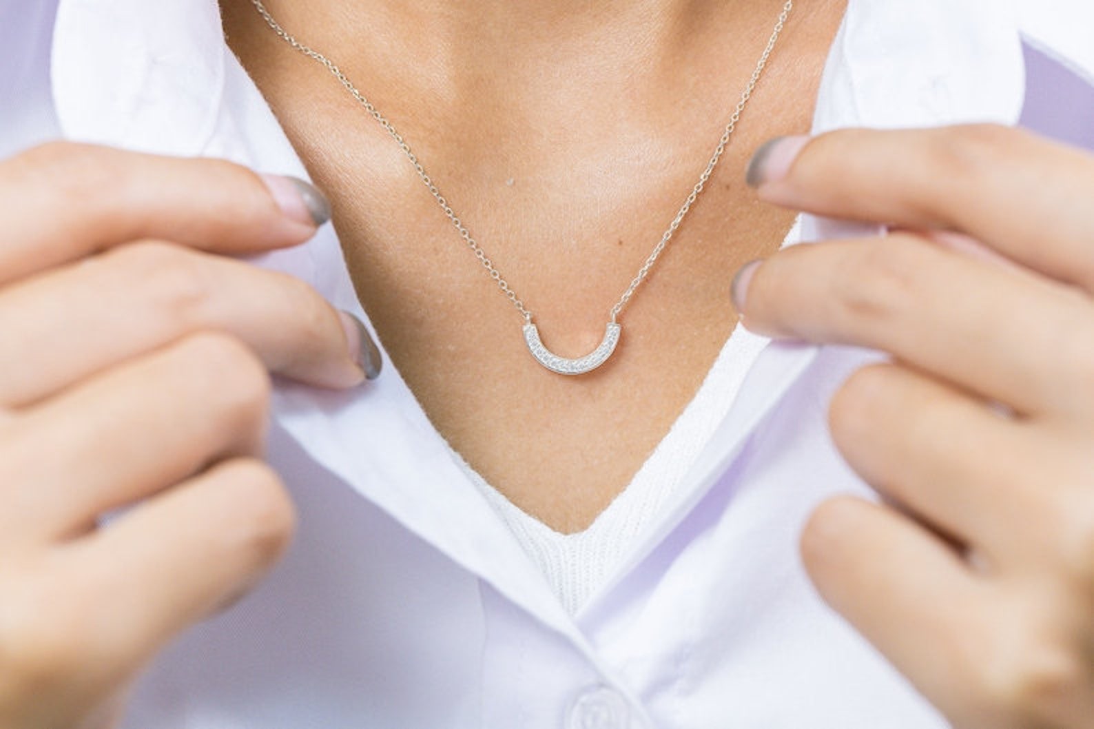 Diamond Curved Necklace, U Shape Necklace, Curved Cluster Diamond Necklace, Bridesmaid Gift, Gift for Her