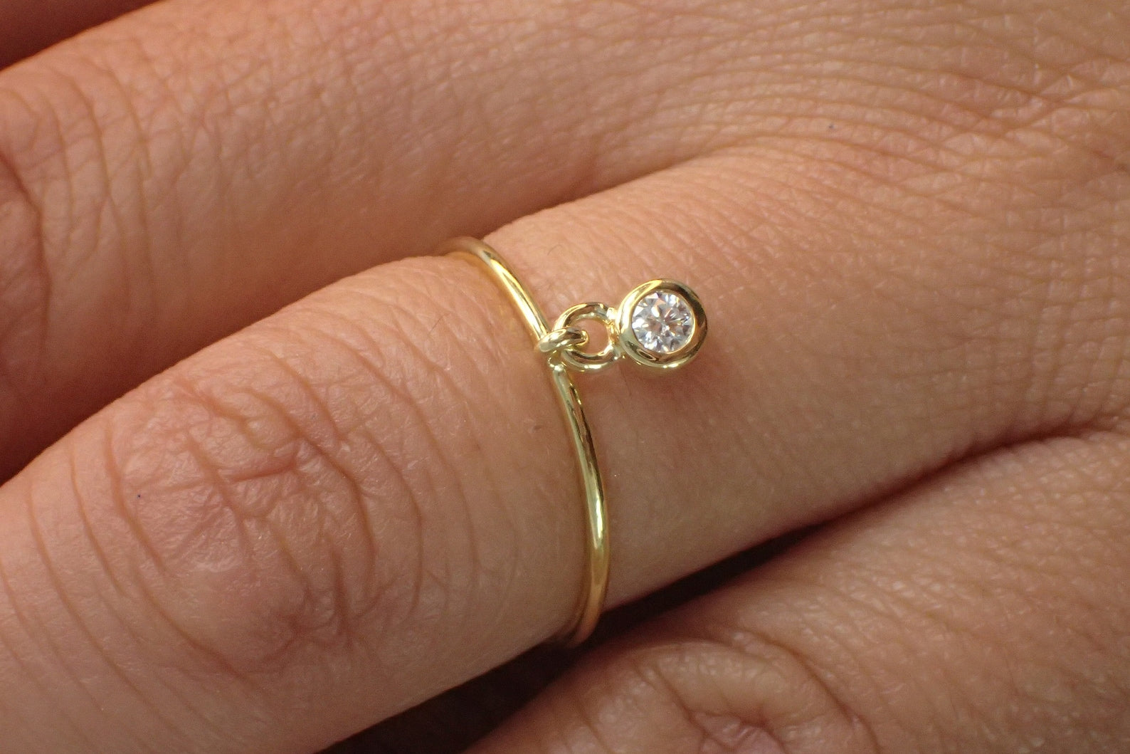 2.5mm Moissanite Dangle Ring / 1mm Gold Thin Ring / Moissanite Stacking Ring / Lovely Gifts for Anyone