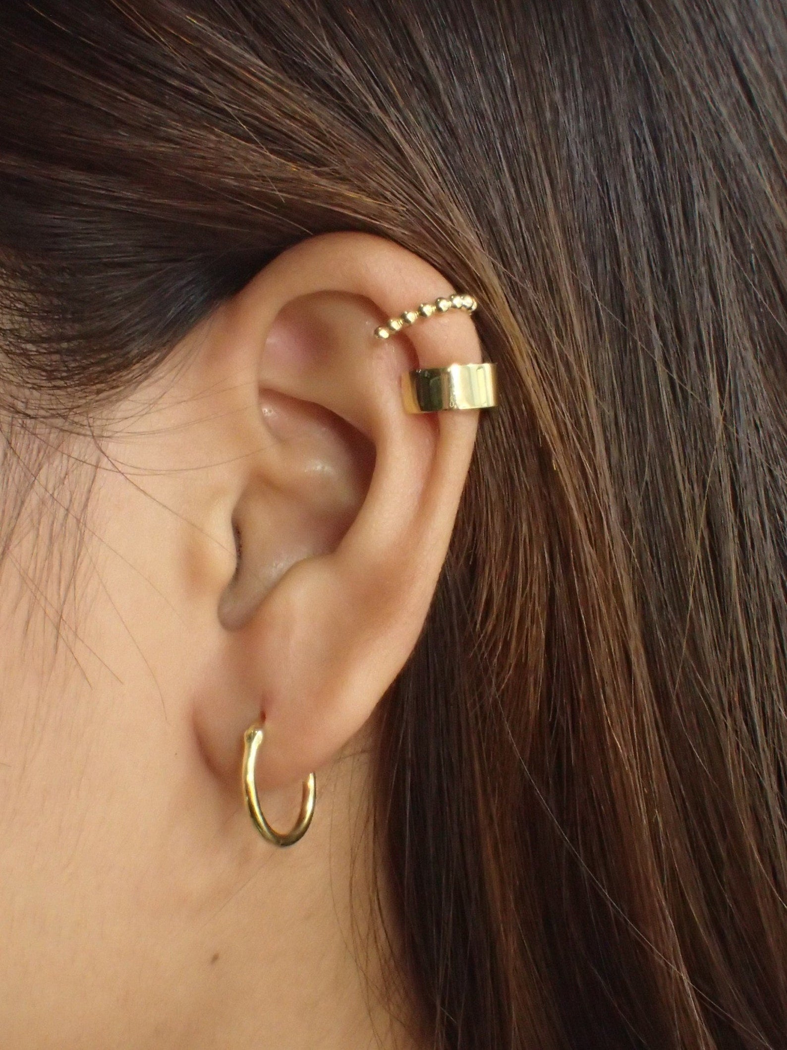 Ear Cuff Earrings / Tiny Beaded Huggie Hoop Earrings / Cartilage Ear Cuff / Gold Plated beaded hoops