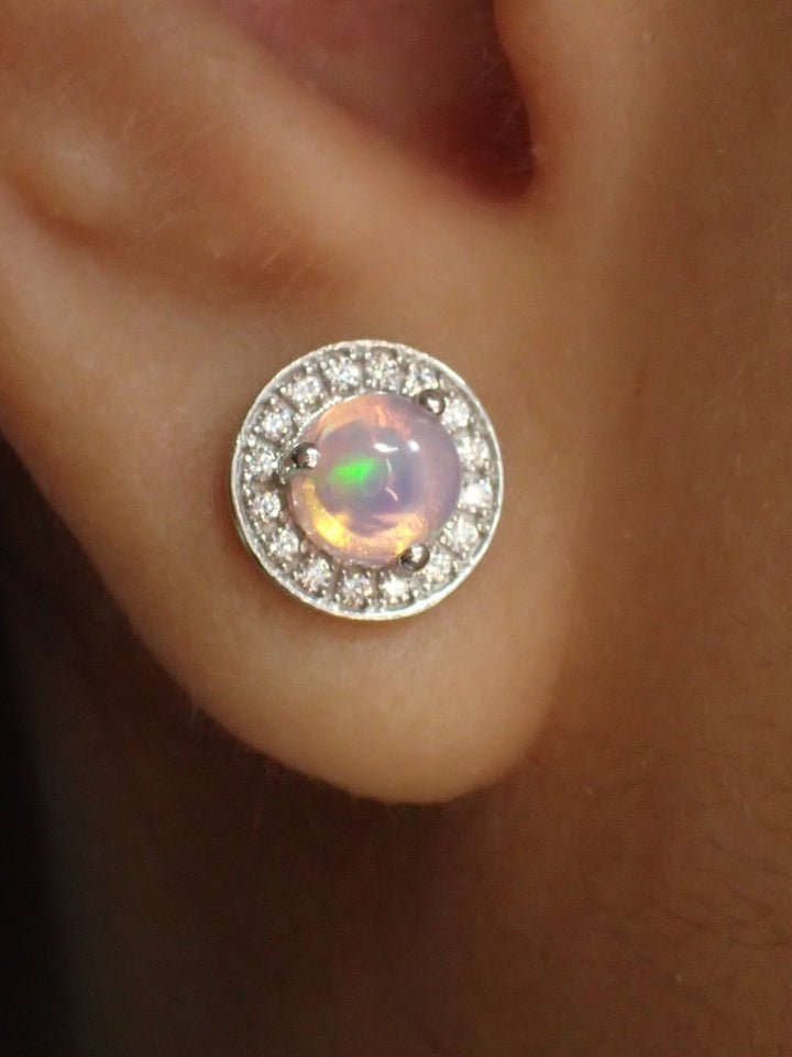 Opal Halo Earrings / Diamonds Earrings / Opal Stud Earrings / October Birthstone / Brilliant Round Diamond Earrings