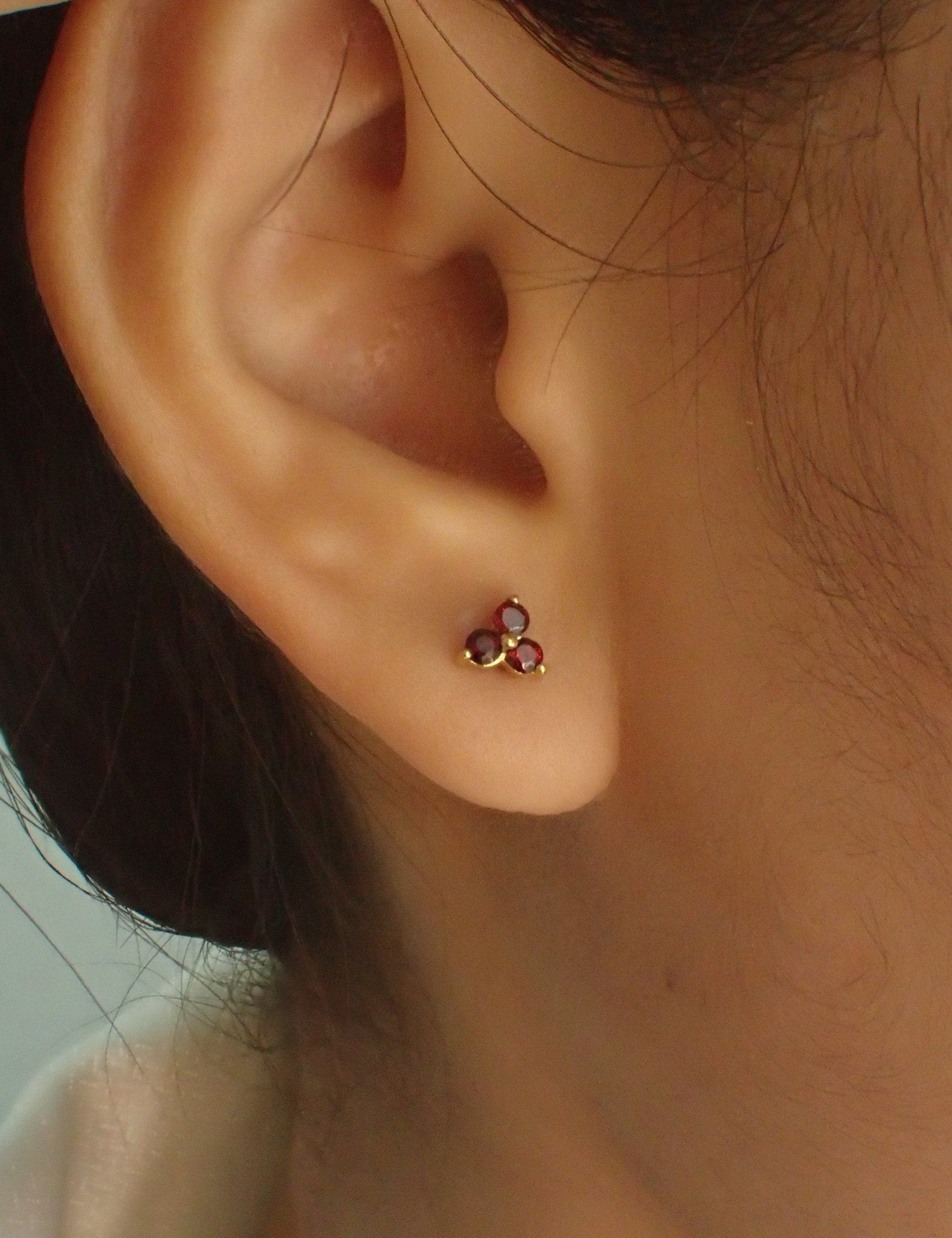 Garnet Earrings / Trio Stud Earrings / January Birthstone / Three Stone Earrings / Birthstone Studs