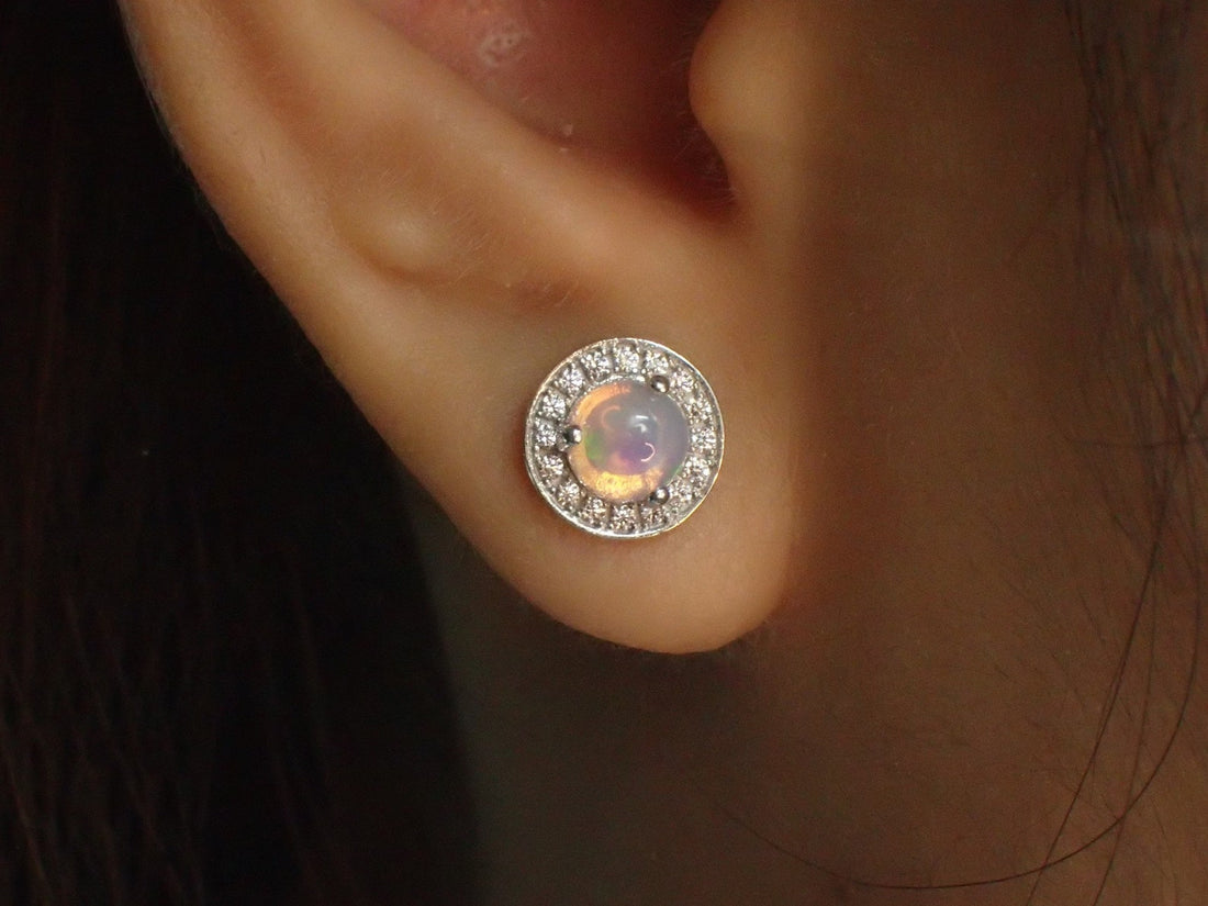 Opal Halo Earrings / Diamonds Earrings / Opal Stud Earrings / October Birthstone / Brilliant Round Diamond Earrings