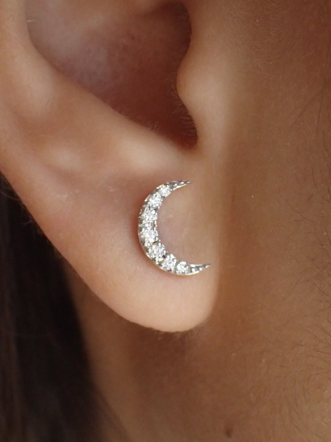 Minimalist Moon Earrings / Moon Stud Earrings / Diamonds Moon Earrings Gift for Her / Diamond Earrings