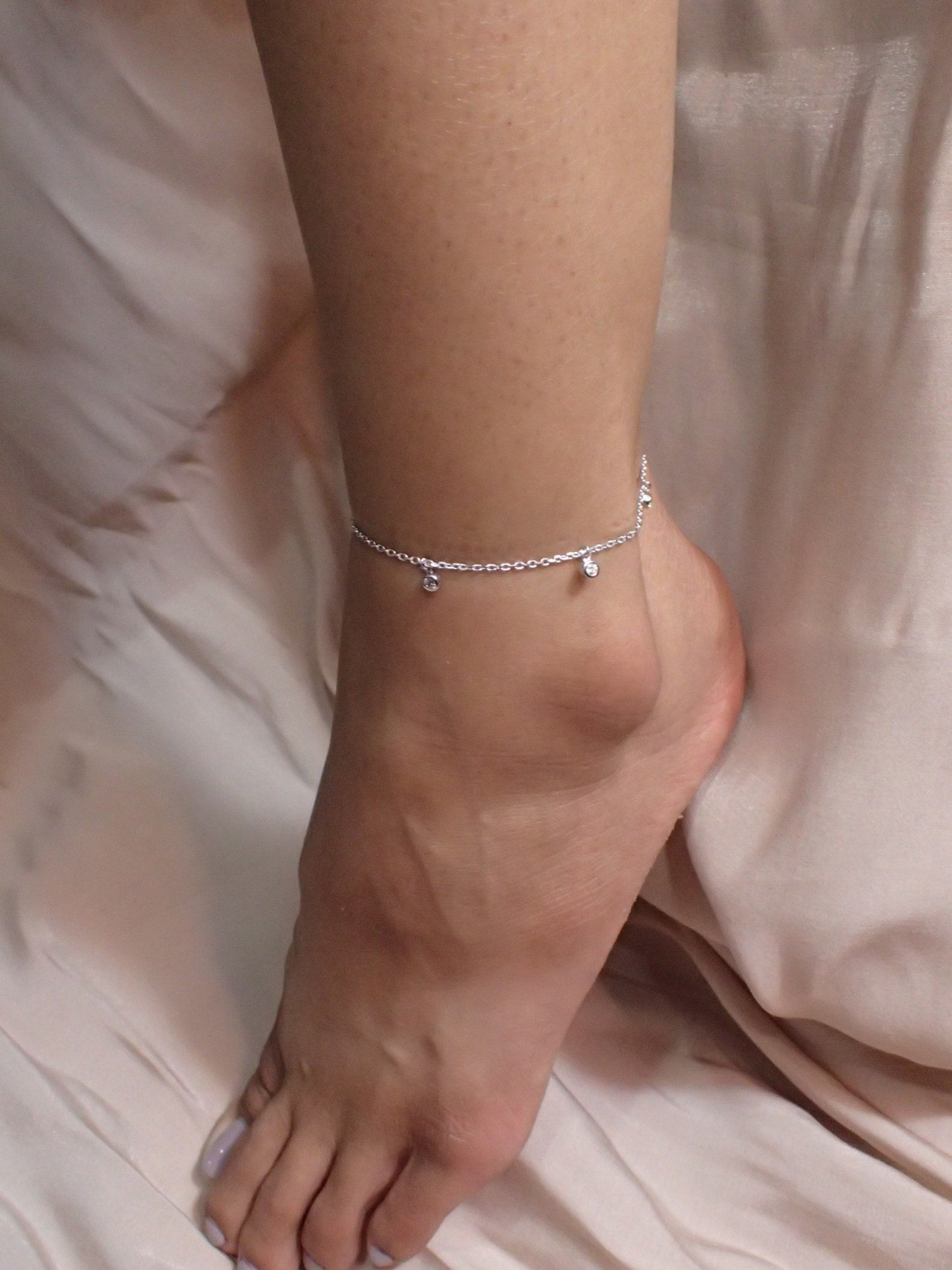 2.5mm Diamond Anklet / Bridesmaid Gift Anklet Bracelet / Minimalist Dainty Anklet / Sterling Silver Diamond Anklet