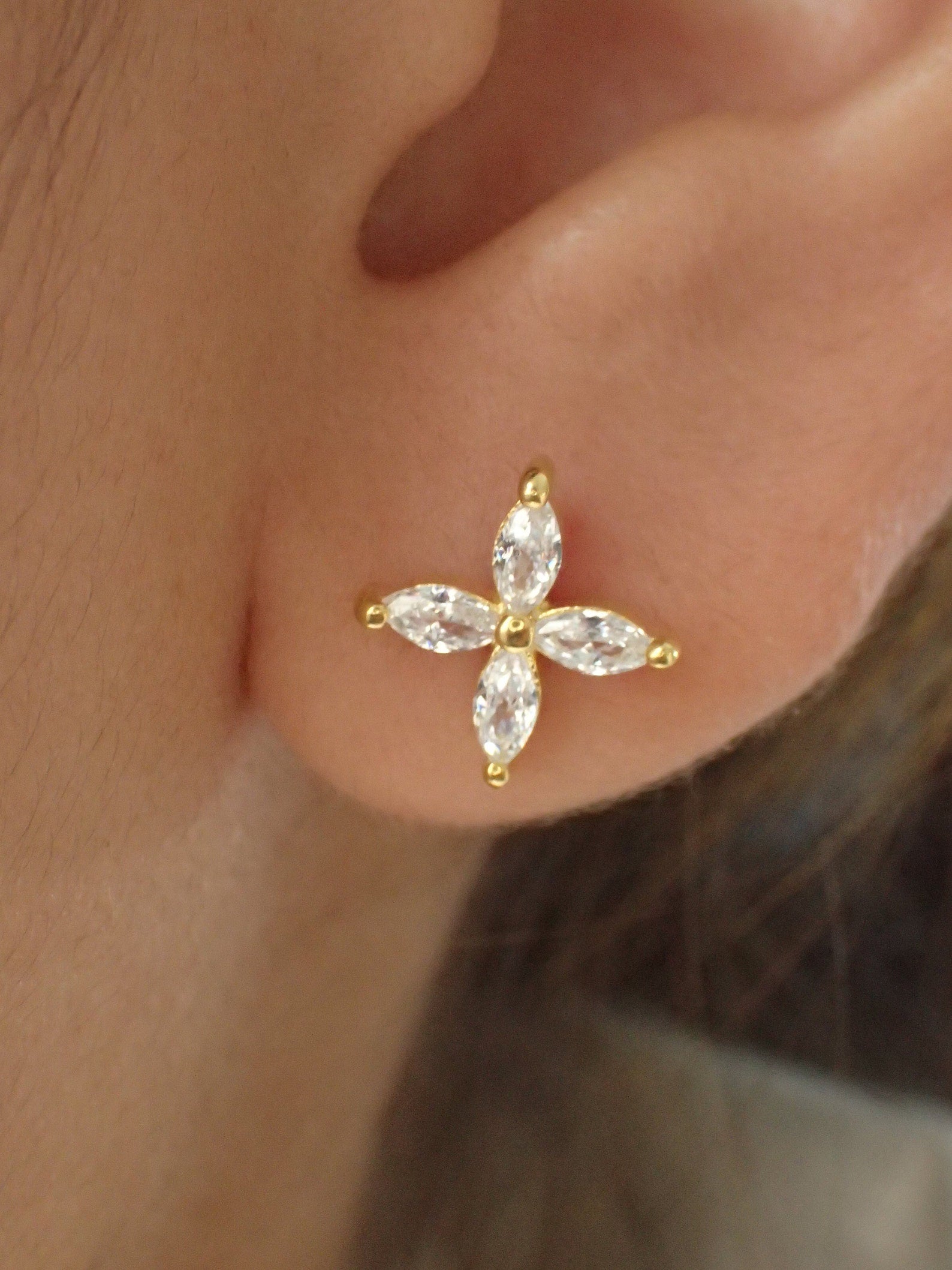 Marquise Stud Earrings / Marquise Cut Moissanite Earrings / Minimalist Flower Earrings / Floral Studs / Wedding Gift