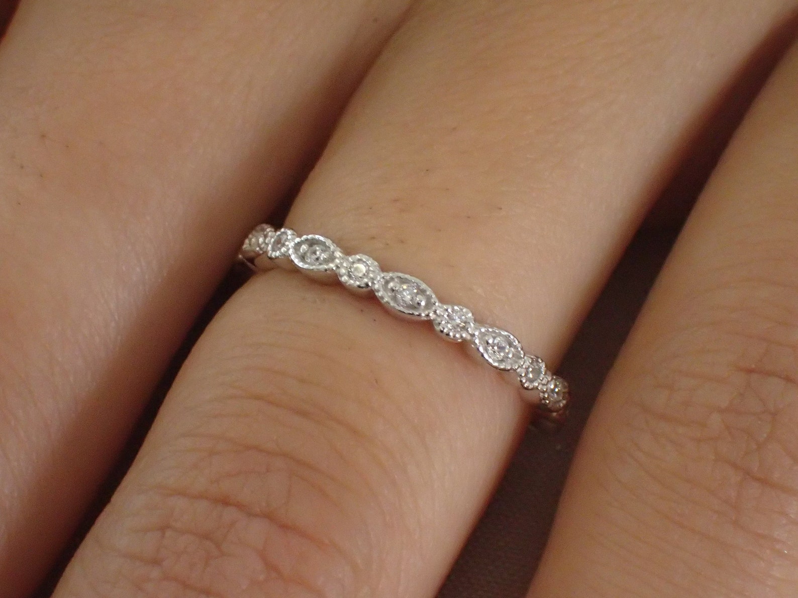 Marquise Shape Moissanite Wedding Band / Art Deco Moissanite Band / Stackable Band Gift for Her / Thin Dainty Band