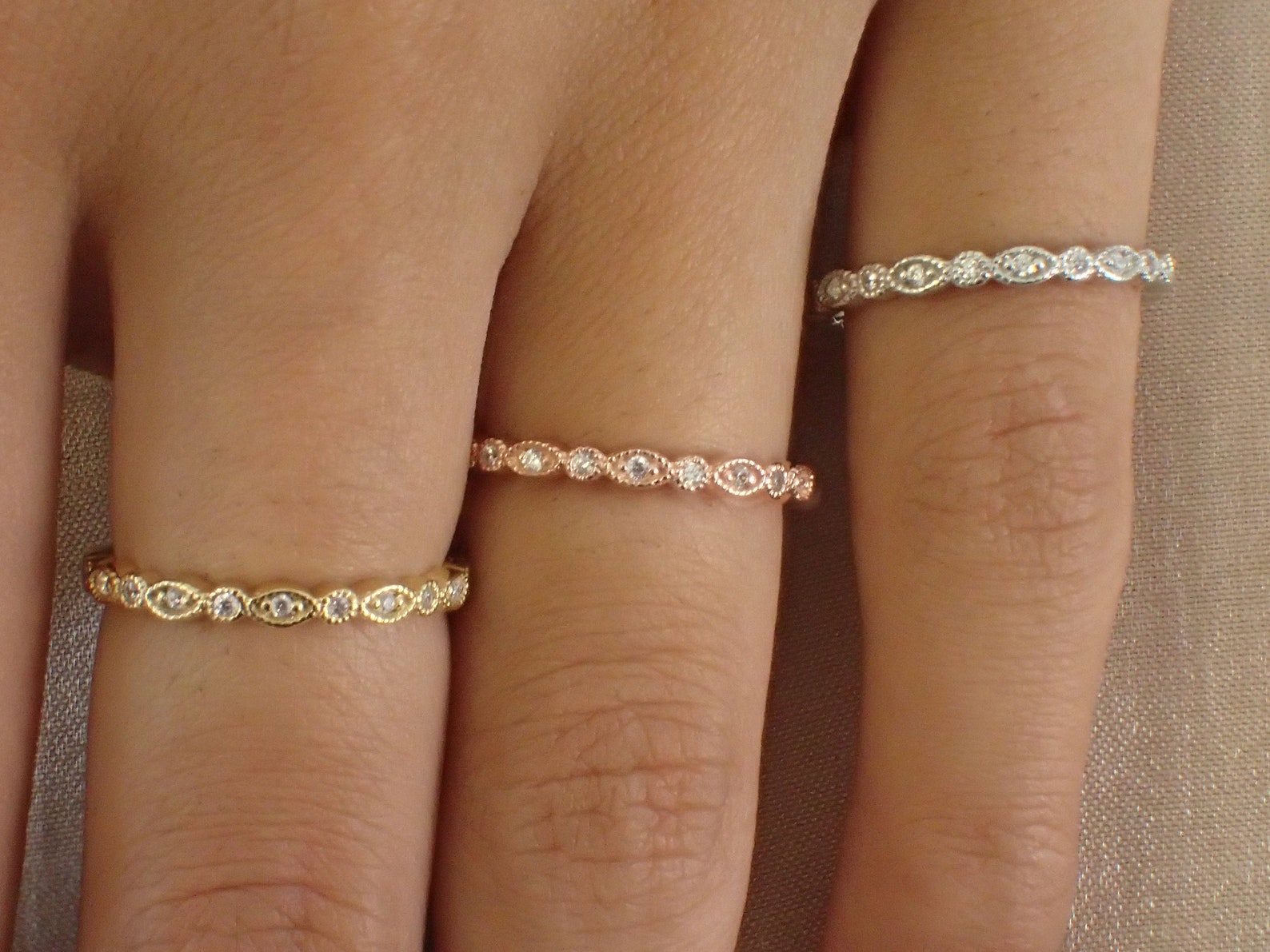 Marquise Shape Moissanite Wedding Band / Art Deco Moissanite Band / Stackable Band Gift for Her / Thin Dainty Band