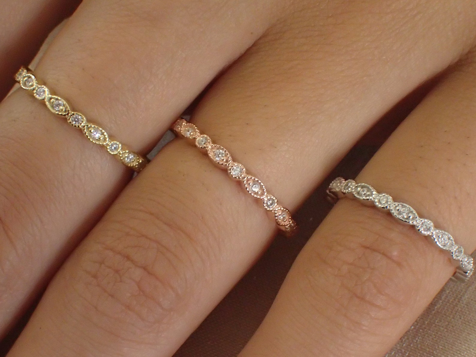 Marquise Shape Moissanite Wedding Band / Art Deco Moissanite Band / Stackable Band Gift for Her / Thin Dainty Band