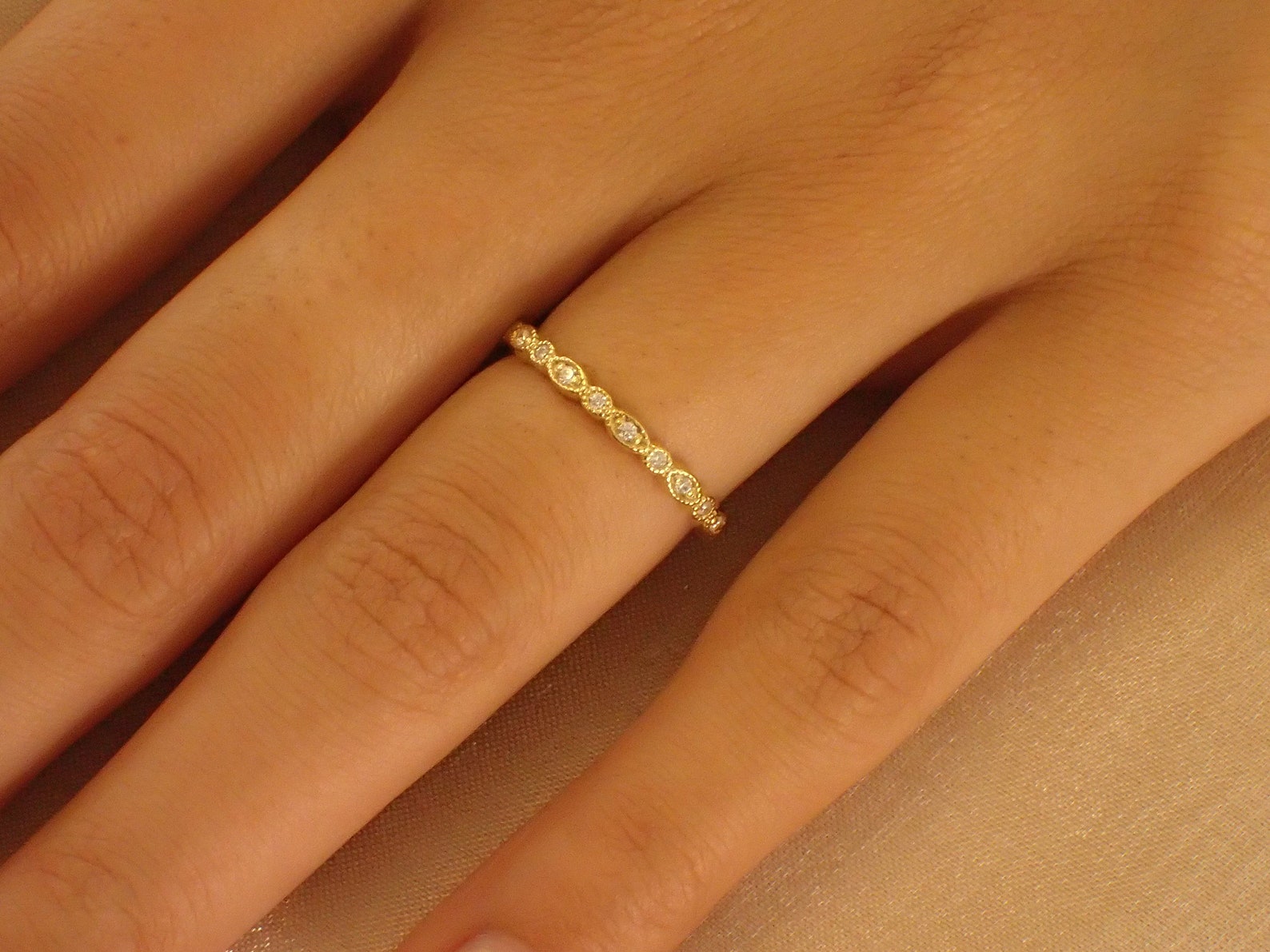 Marquise Shape Moissanite Wedding Band / Art Deco Moissanite Band / Stackable Band Gift for Her / Thin Dainty Band