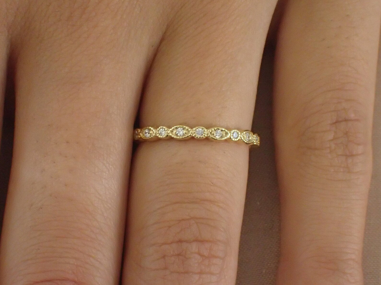 Marquise Shape Moissanite Wedding Band / Art Deco Moissanite Band / Stackable Band Gift for Her / Thin Dainty Band