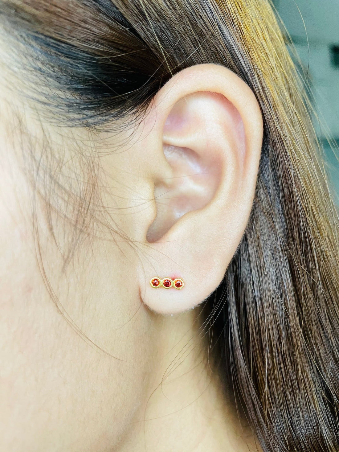 Garnet Earrings / Three Stone Stud Earrings / January Birthstone Gift / Minimalist Gemstone Earrings