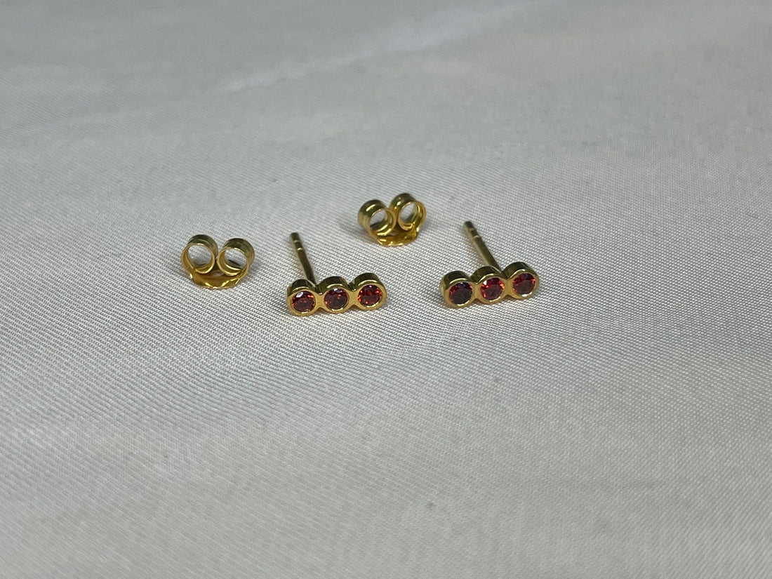 Garnet Earrings / Three Stone Stud Earrings / January Birthstone Gift / Minimalist Gemstone Earrings