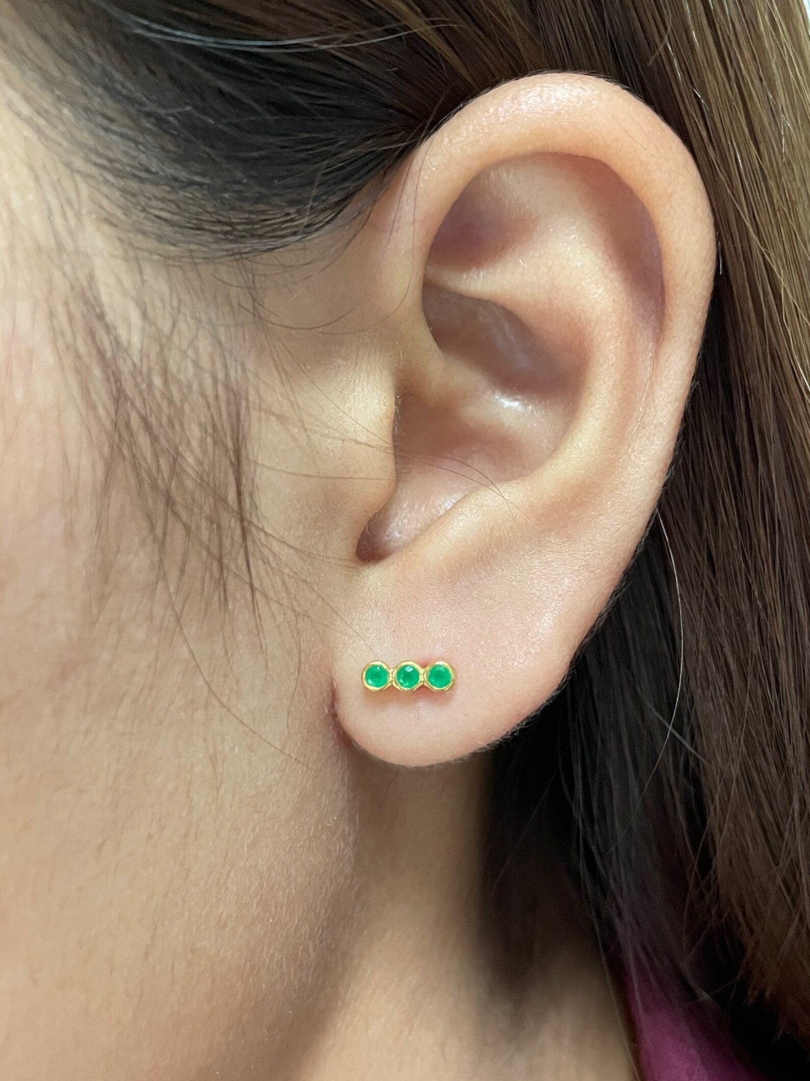 Emerald Earrings / Three Stone Stud Earrings / May Birthstone Gift / Minimalist Gemstone Earrings