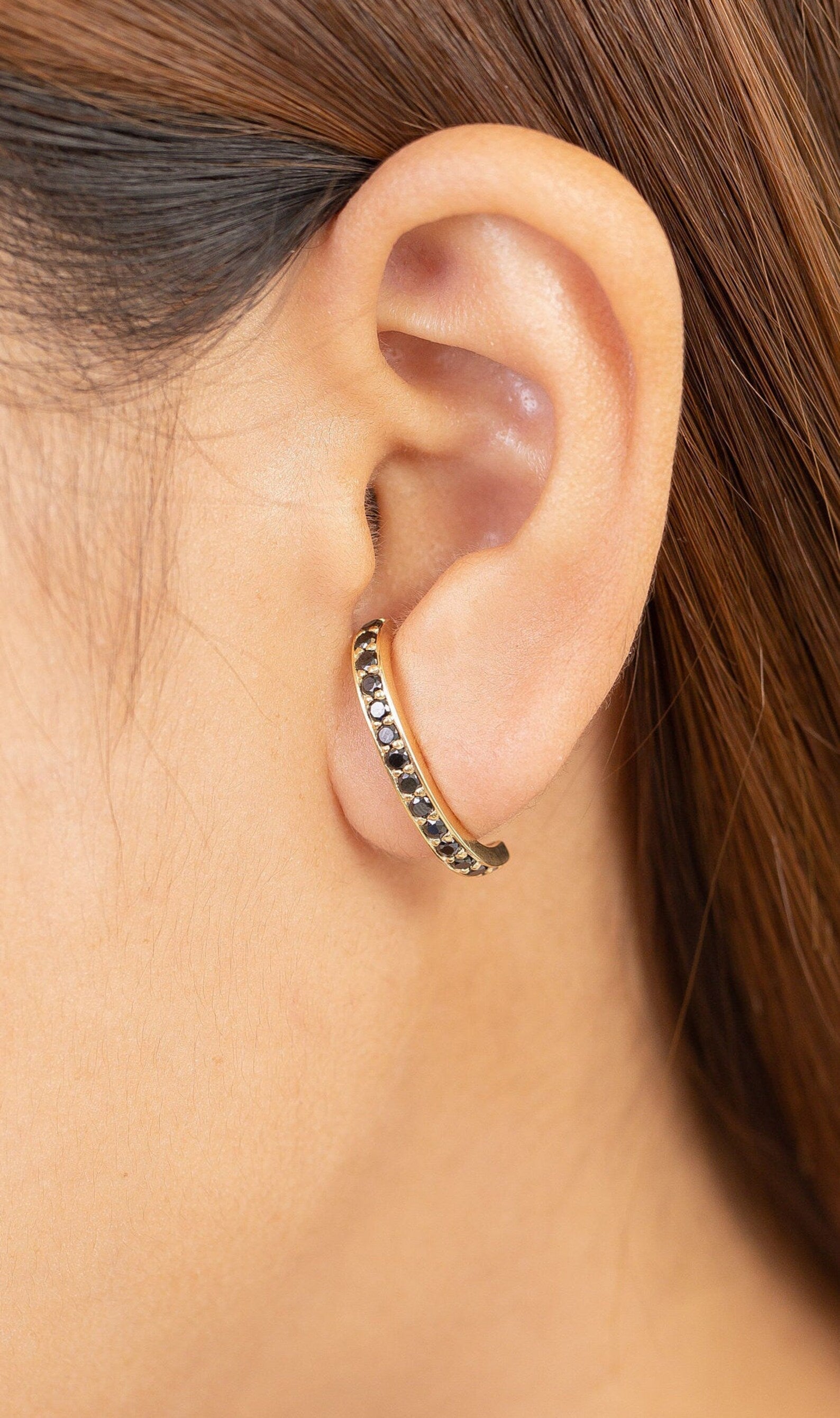 Ear Lobe Black Diamond Cuff Earrings, Suspender Earrings, Dainty stud lobe cuff, , Minimalist Earrings Gift For Women