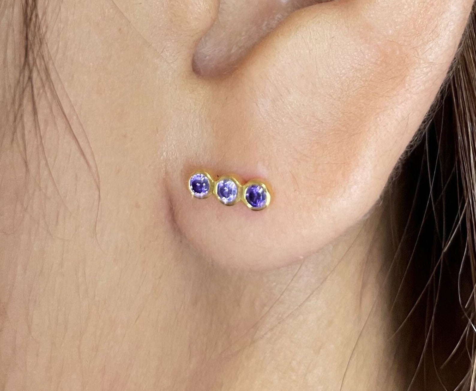 Amethyst Earrings / Three Stone Stud Earrings / February Birthstone Gift / Minimalist Gemstone Earrings