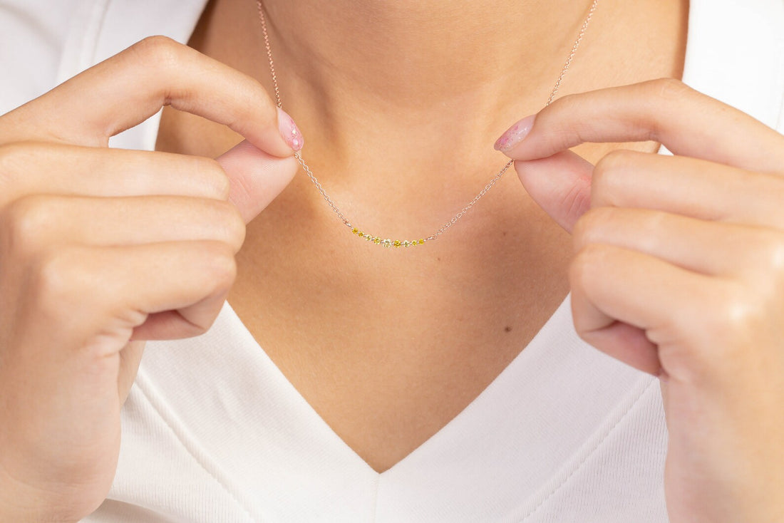 Single Prong beaded Bar Yellow Sapphire Necklace, Layering Necklace for Women, September Birthstone Gift
