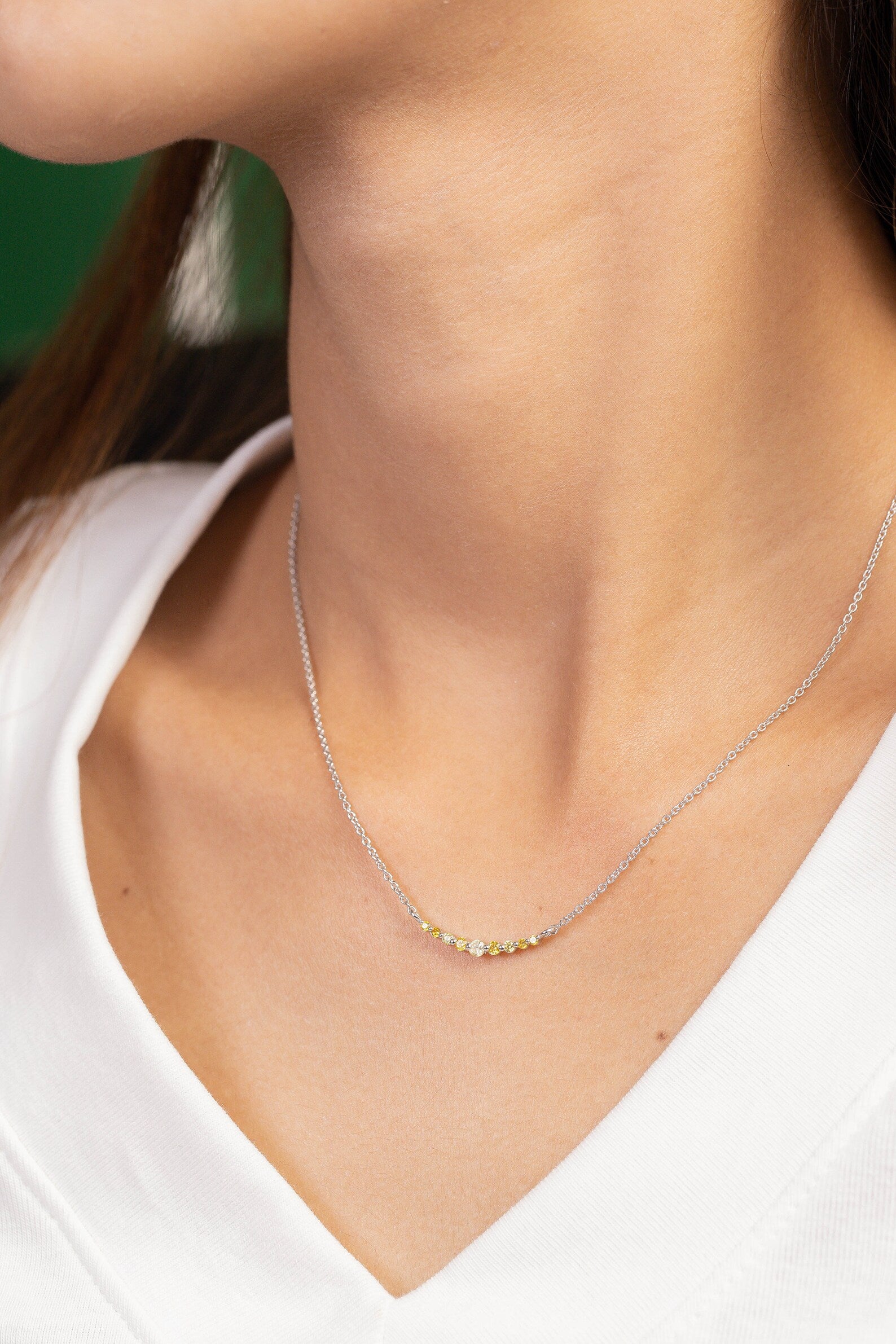 Single Prong beaded Bar Yellow Sapphire Necklace, Layering Necklace for Women, September Birthstone Gift