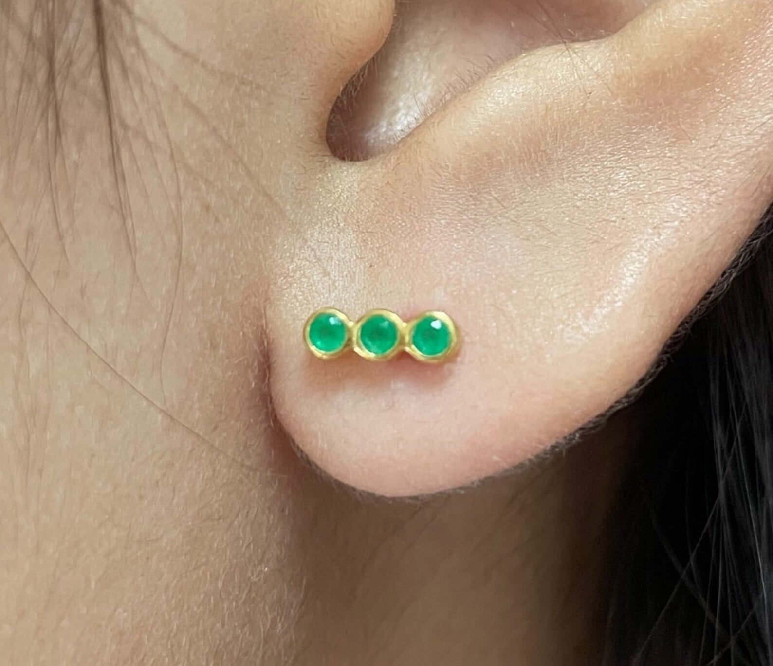 Emerald Earrings / Three Stone Stud Earrings / May Birthstone Gift / Minimalist Gemstone Earrings