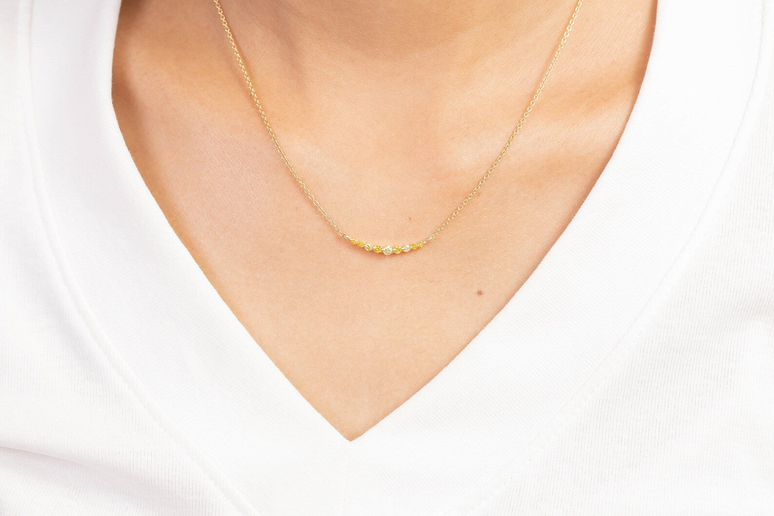 Single Prong beaded Bar Yellow Sapphire Necklace, Layering Necklace for Women, September Birthstone Gift