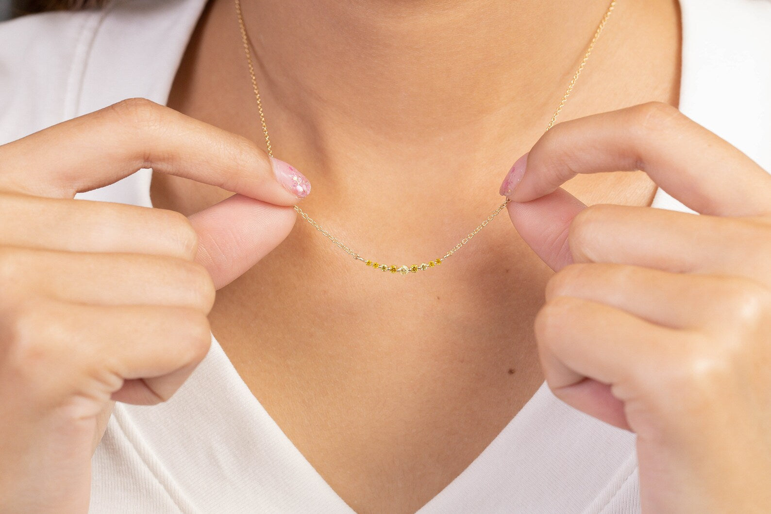 Single Prong beaded Bar Yellow Sapphire Necklace, Layering Necklace for Women, September Birthstone Gift