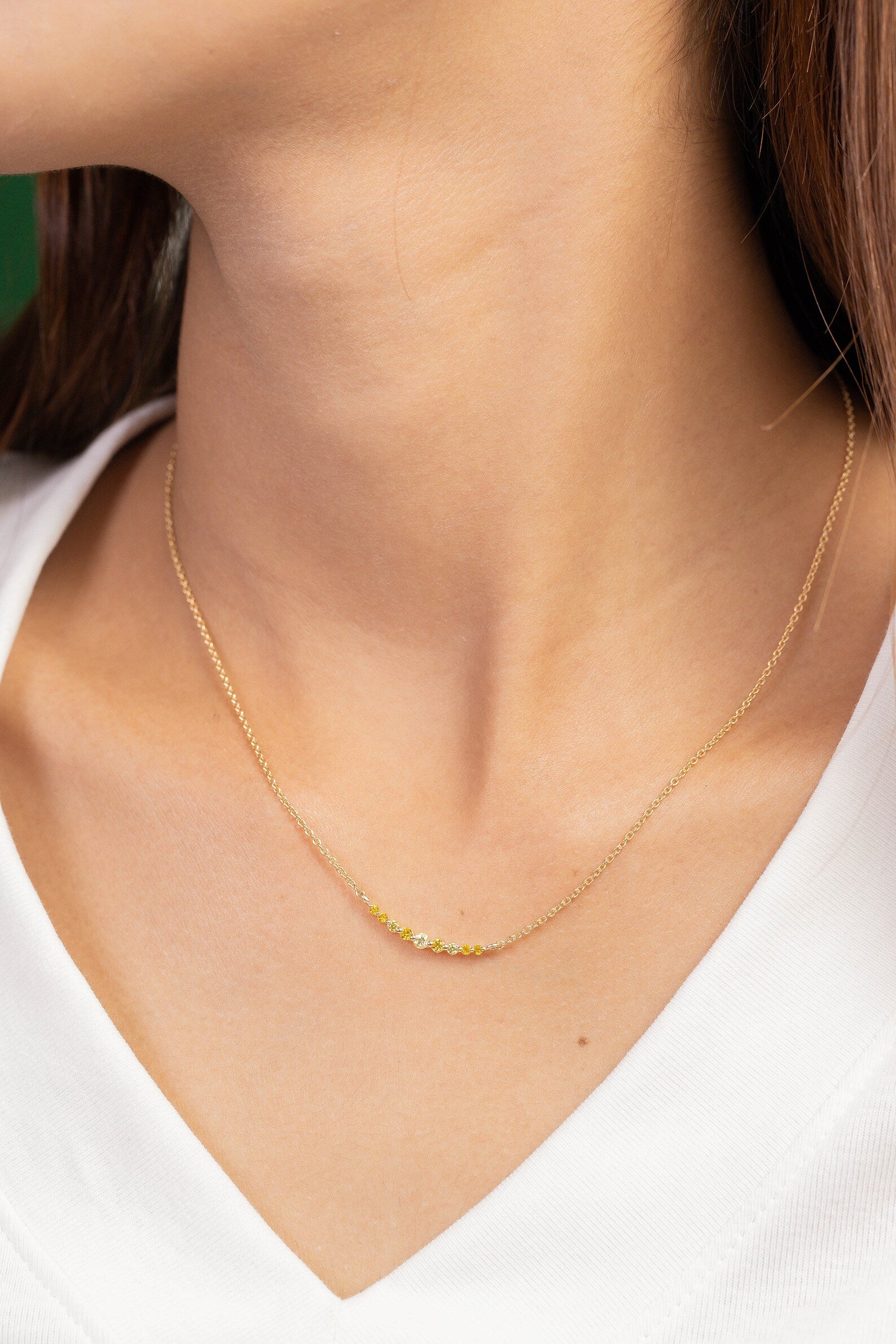 Single Prong beaded Bar Yellow Sapphire Necklace, Layering Necklace for Women, September Birthstone Gift