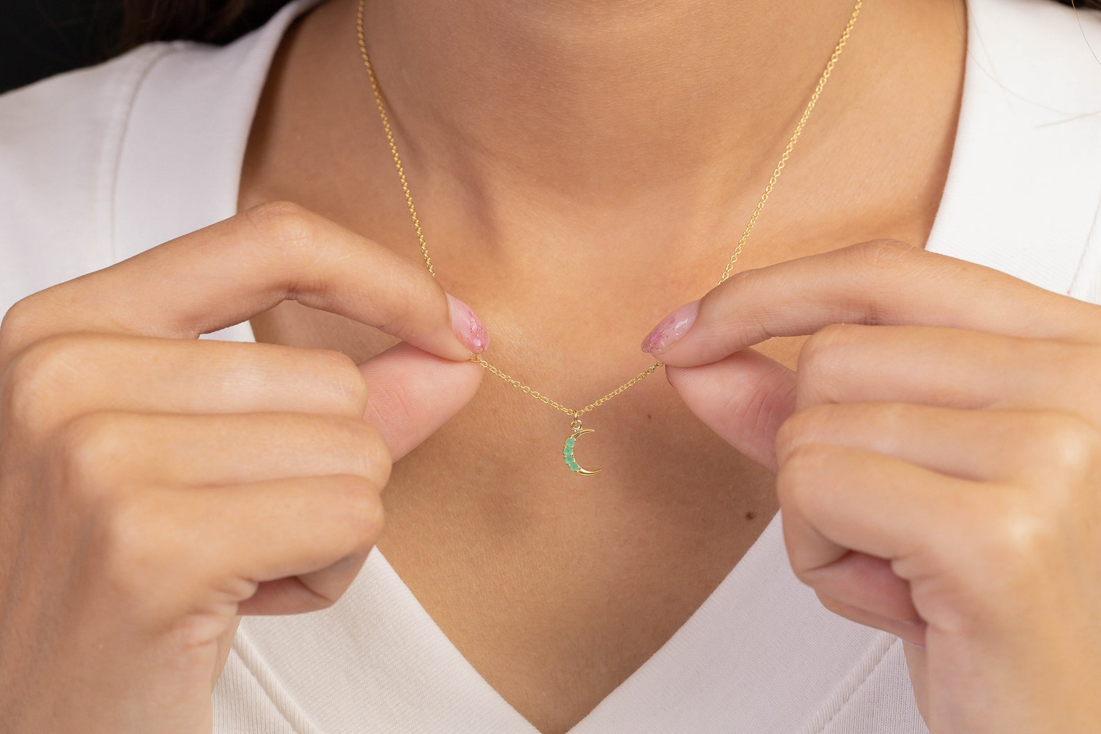 Crescent Moon Emerald Necklace, May Birthstone Necklace, Unique Necklace Gift for Women, Crescent Charm