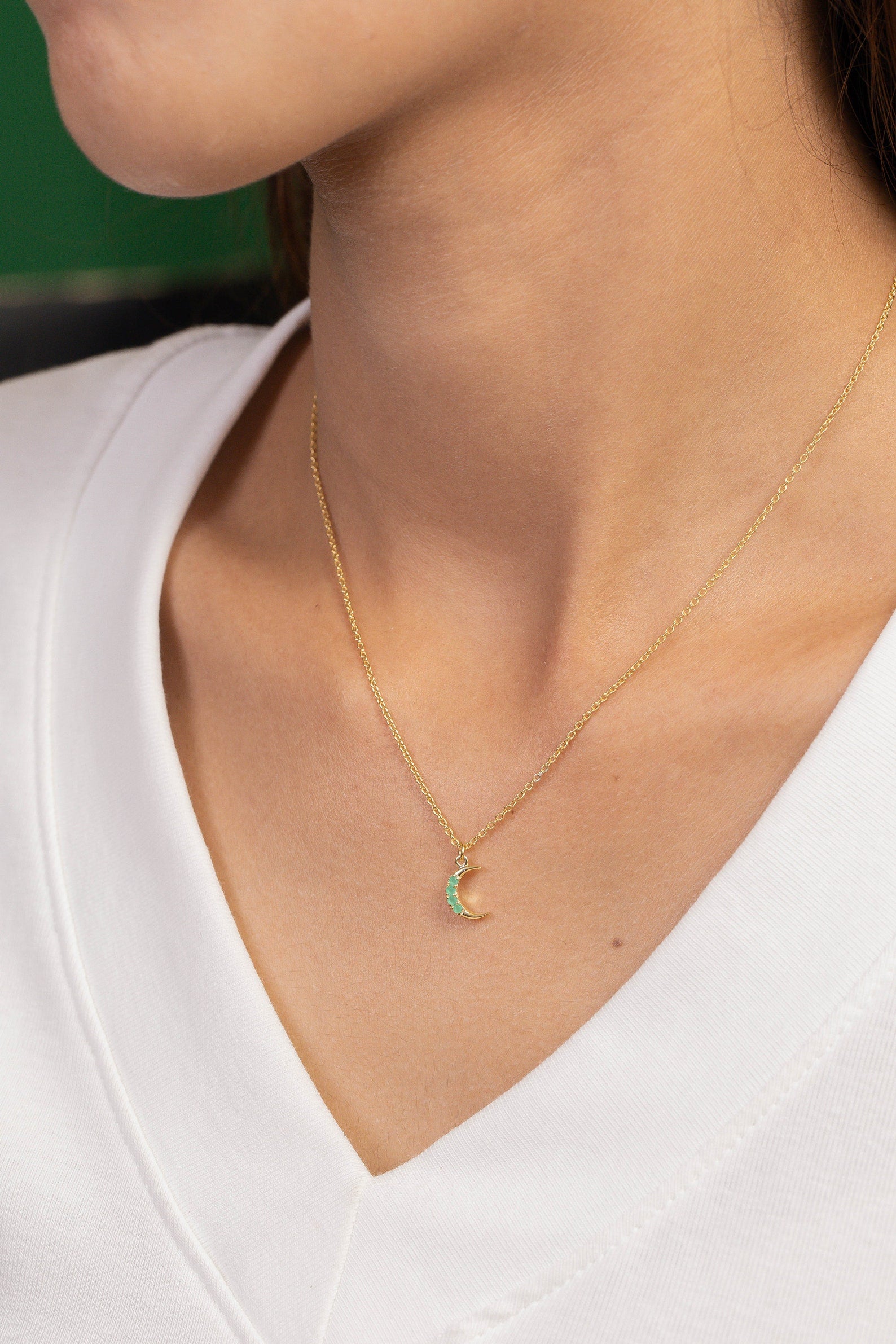 Crescent Moon Emerald Necklace, May Birthstone Necklace, Unique Necklace Gift for Women, Crescent Charm