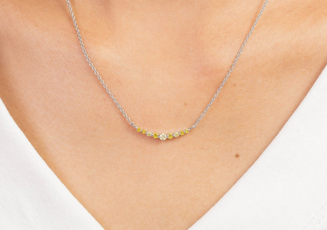 Single Prong beaded Bar Yellow Sapphire Necklace, Layering Necklace for Women, September Birthstone Gift
