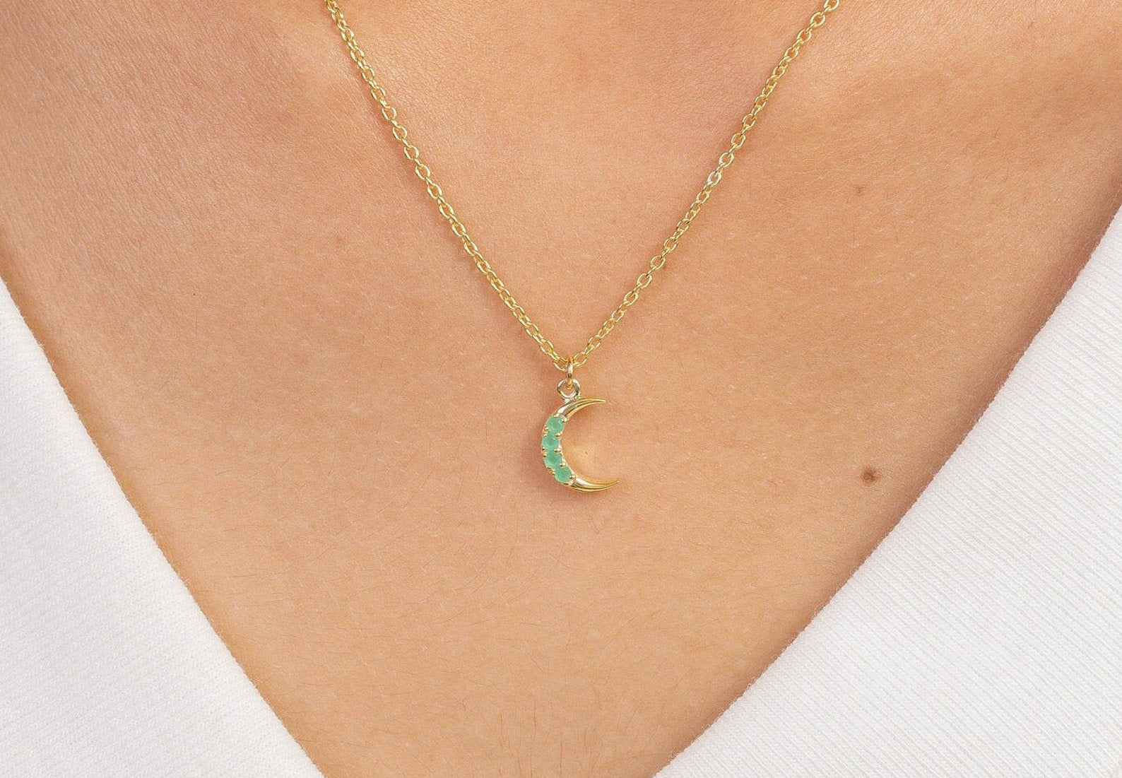 Crescent Moon Emerald Necklace, May Birthstone Necklace, Unique Necklace Gift for Women, Crescent Charm