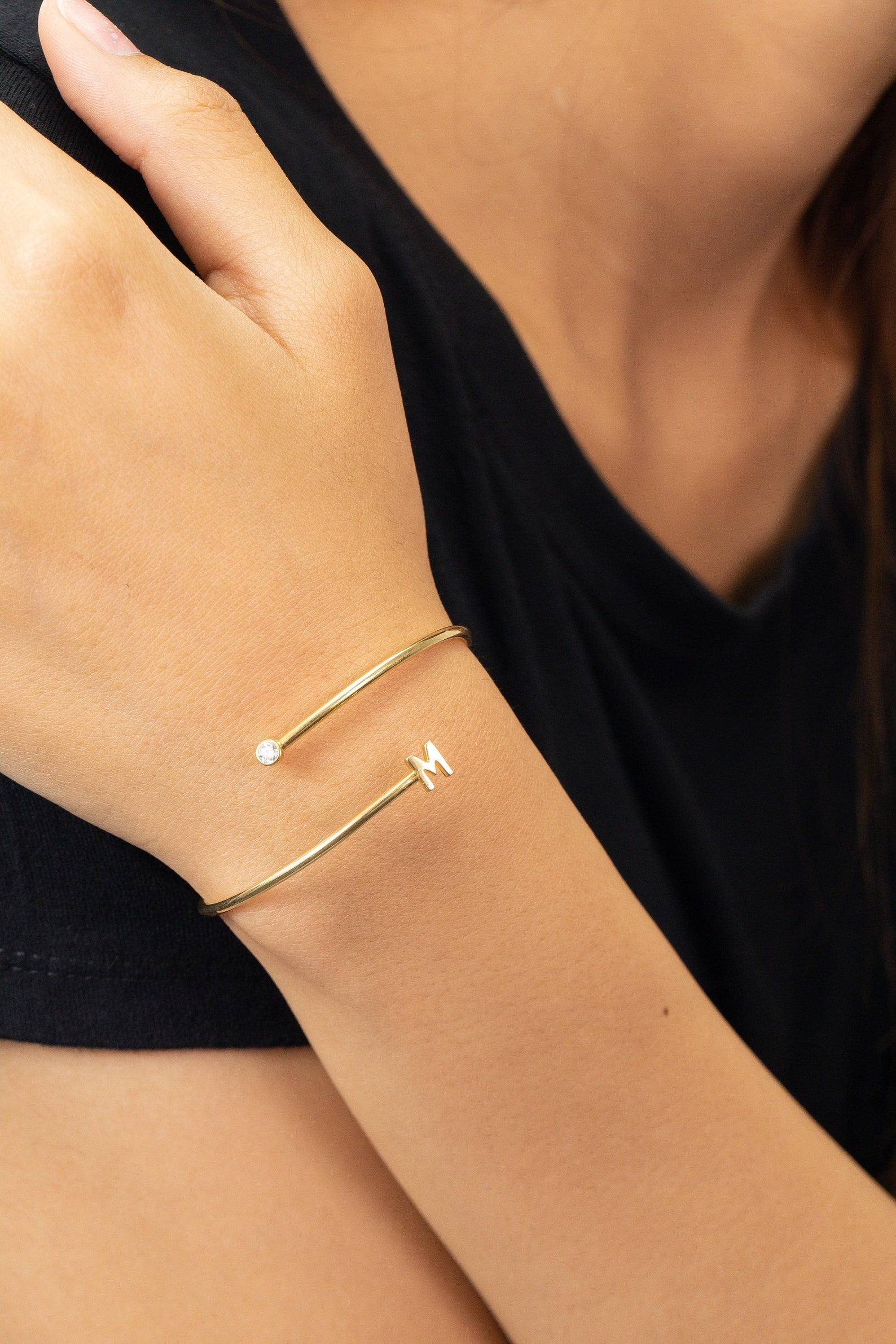 Personalized Initial Bangle Bracelets, Starling Silver Adjustable Bracelets, Custom Bracelets Gift for Women