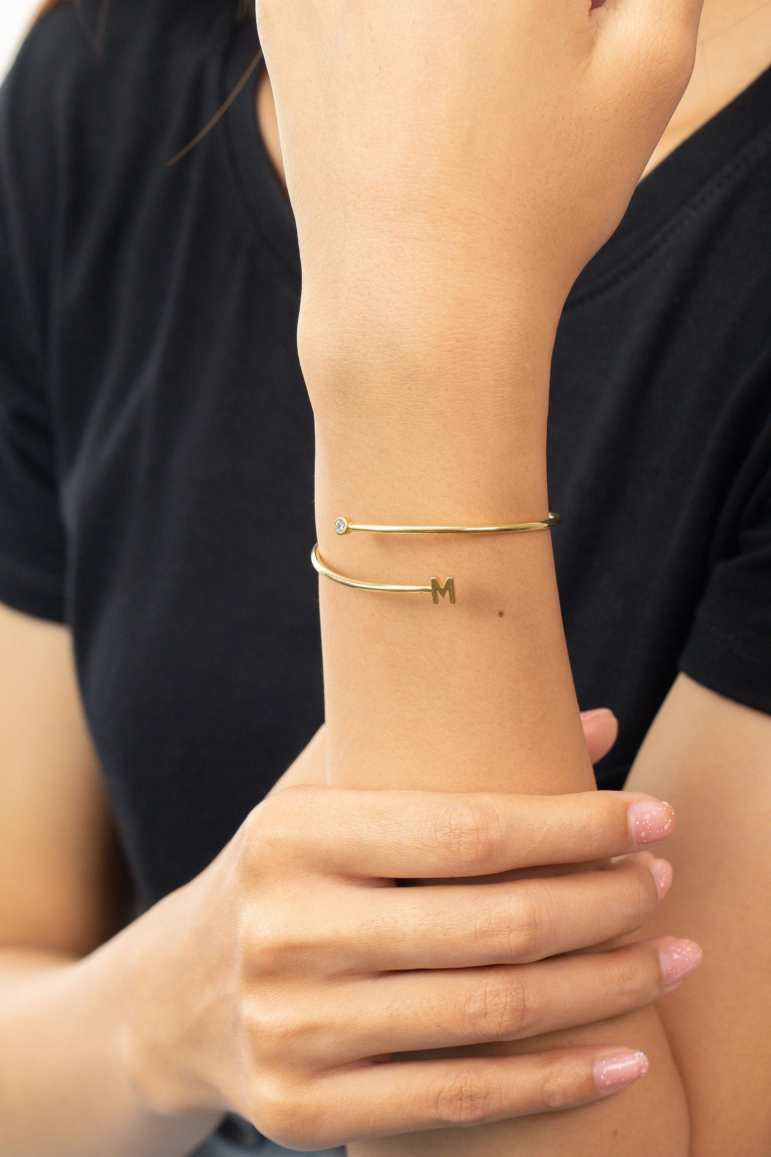 Personalized Initial Bangle Bracelets, Starling Silver Adjustable Bracelets, Custom Bracelets Gift for Women