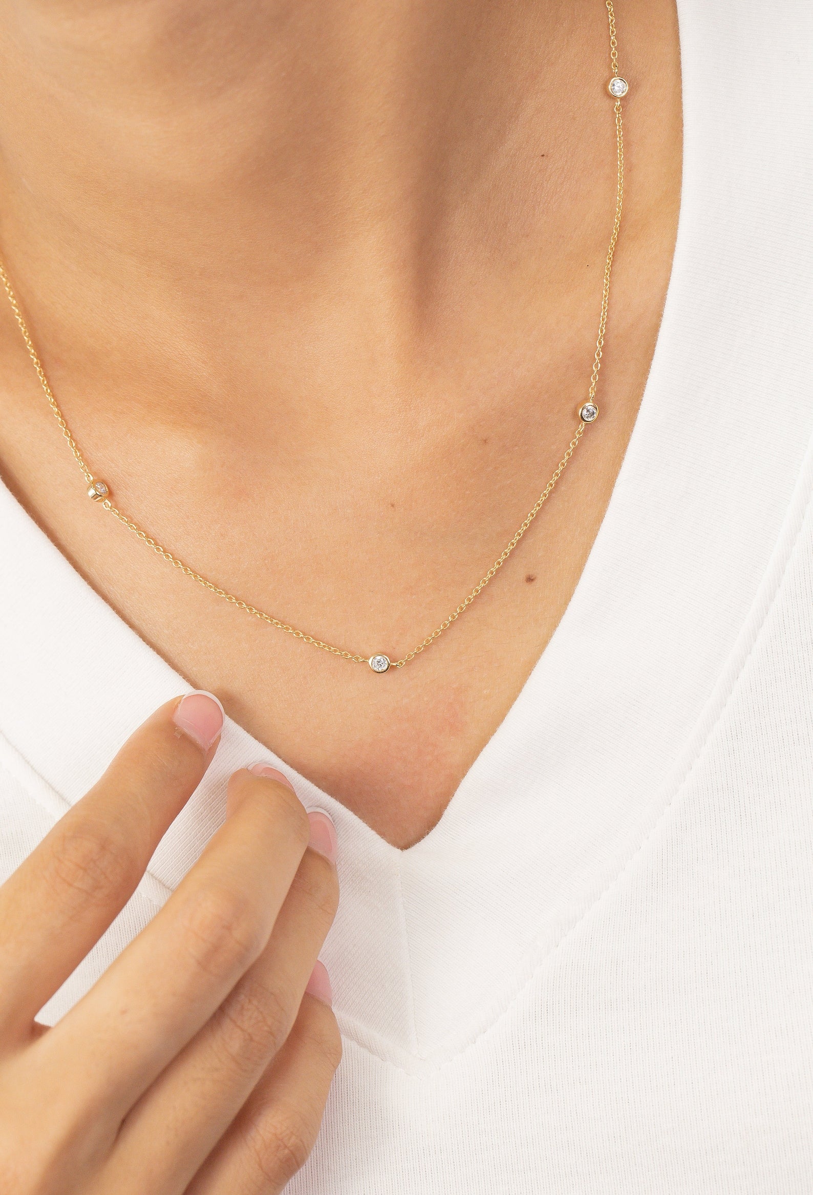 Moissanite by the Yard Necklace, 5 Stones Bezel Station Necklace, Moissanite Wedding Necklace Git for Her