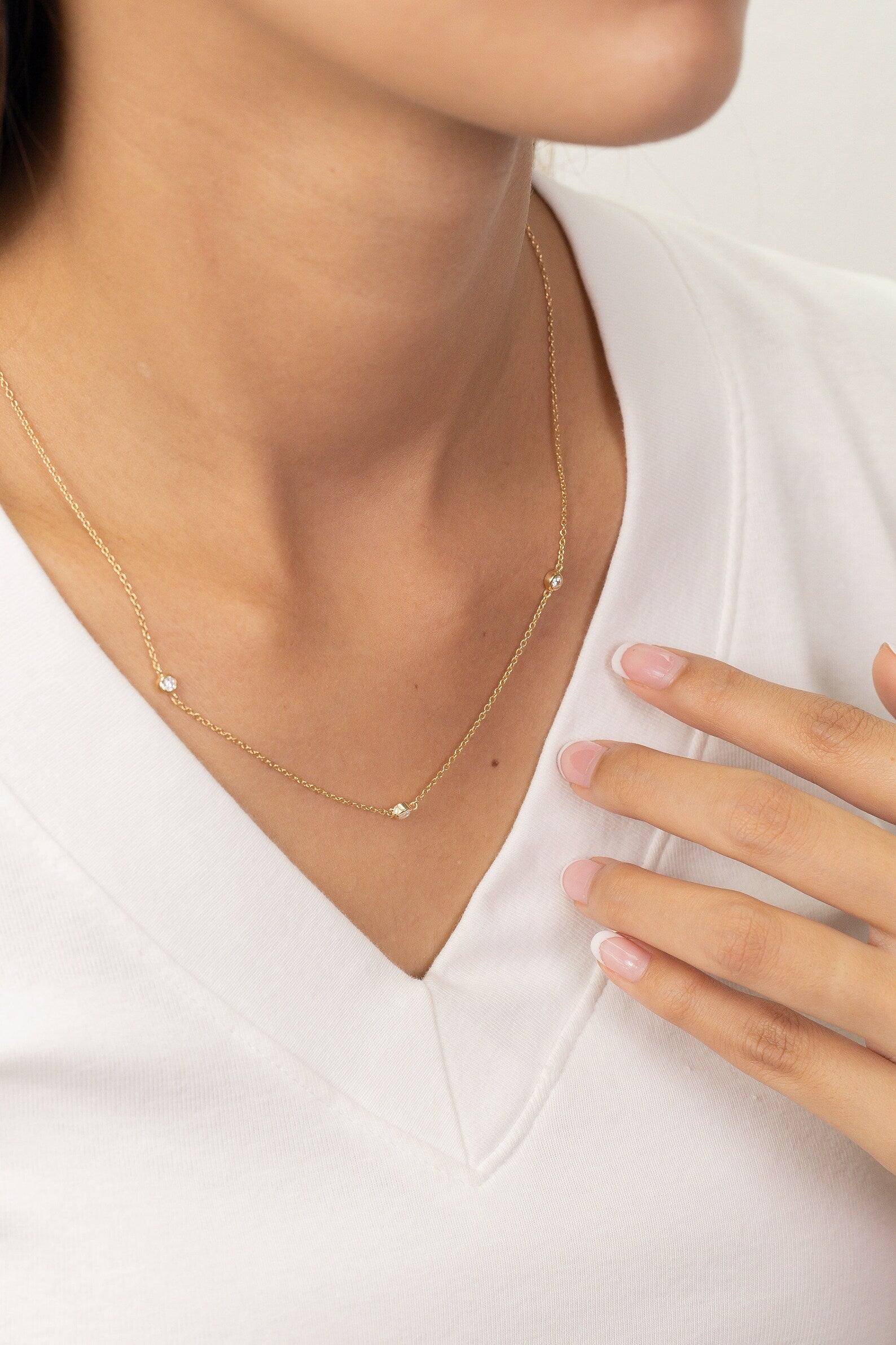 Diamond by the Yard Necklace, 3 Station Bezel Set Necklace, Diamond Wedding Necklace, Layering Necklace