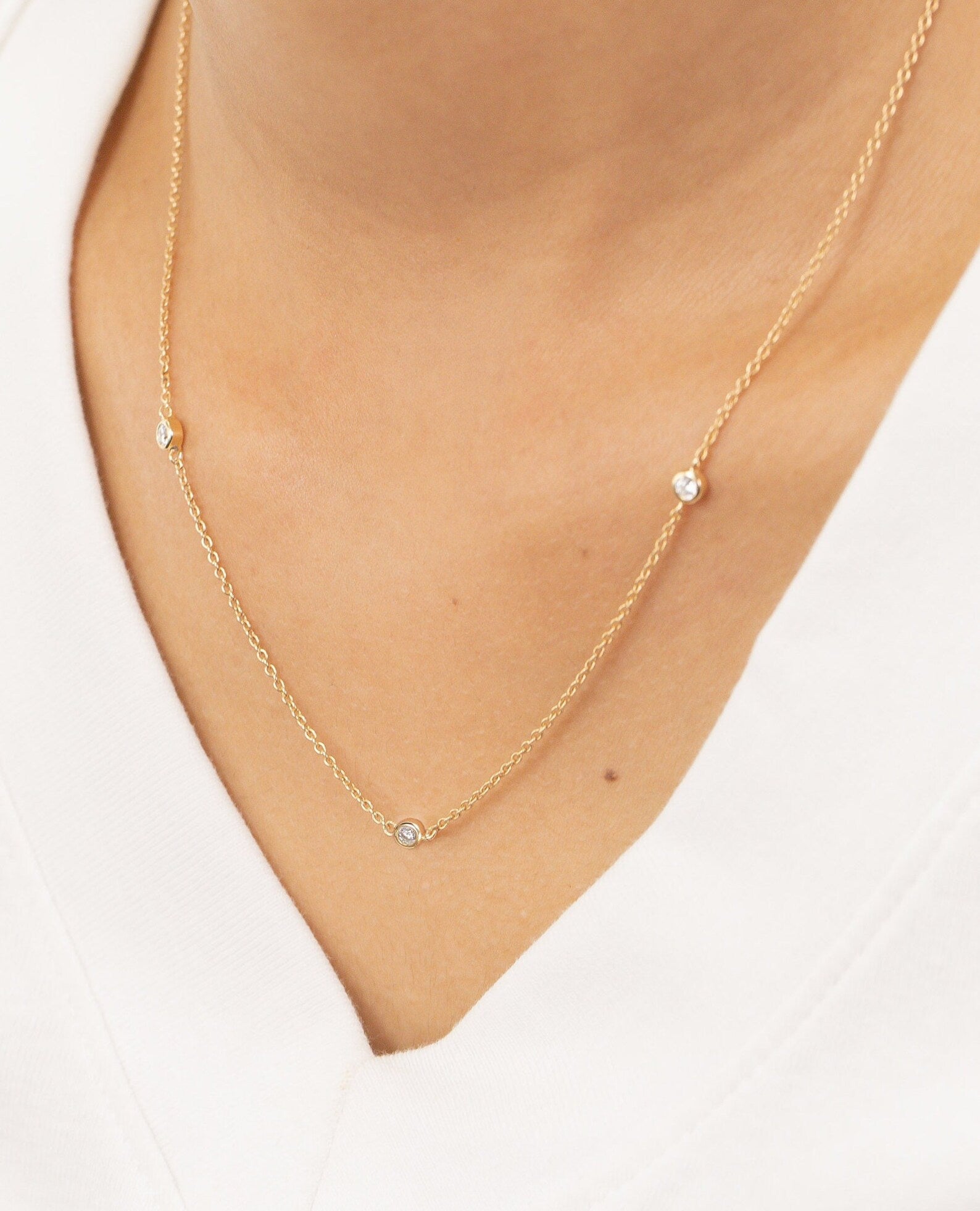 Diamond by the Yard Necklace, 3 Station Bezel Set Necklace, Diamond Wedding Necklace, Layering Necklace