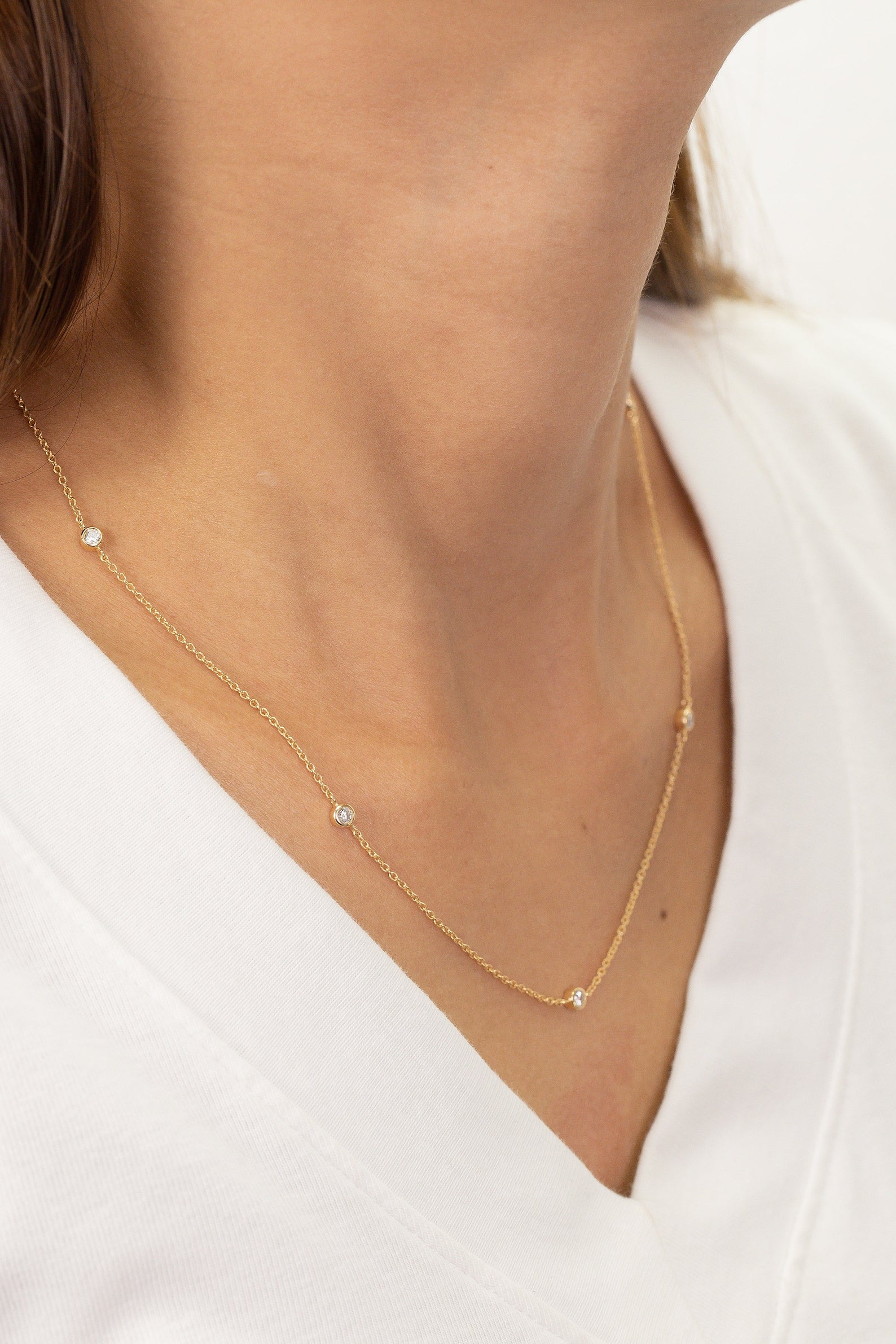 Moissanite by the Yard Necklace, 5 Stones Bezel Station Necklace, Moissanite Wedding Necklace Git for Her