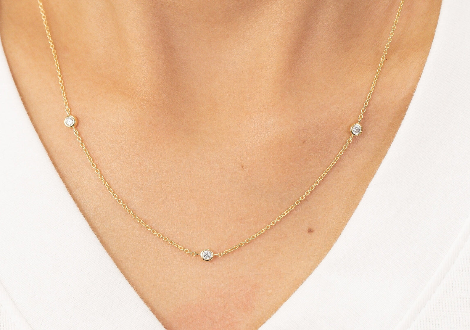 Moissanite by the Yard Necklace, 5 Stones Bezel Station Necklace, Moissanite Wedding Necklace Git for Her