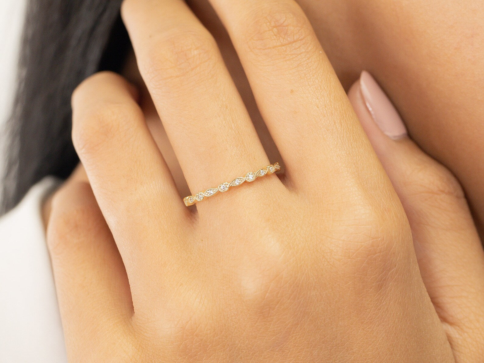 Art Deco Moissanite Wedding Band, Full Eternity Marquise Band, Vintage Style Moissanite Band, Stackable Ring Gift for Women