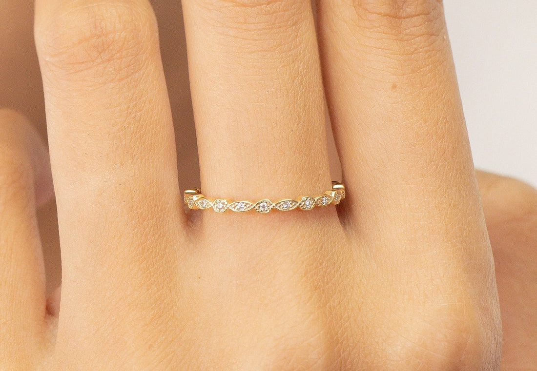 Art Deco Moissanite Wedding Band, Full Eternity Marquise Band, Vintage Style Moissanite Band, Stackable Ring Gift for Women