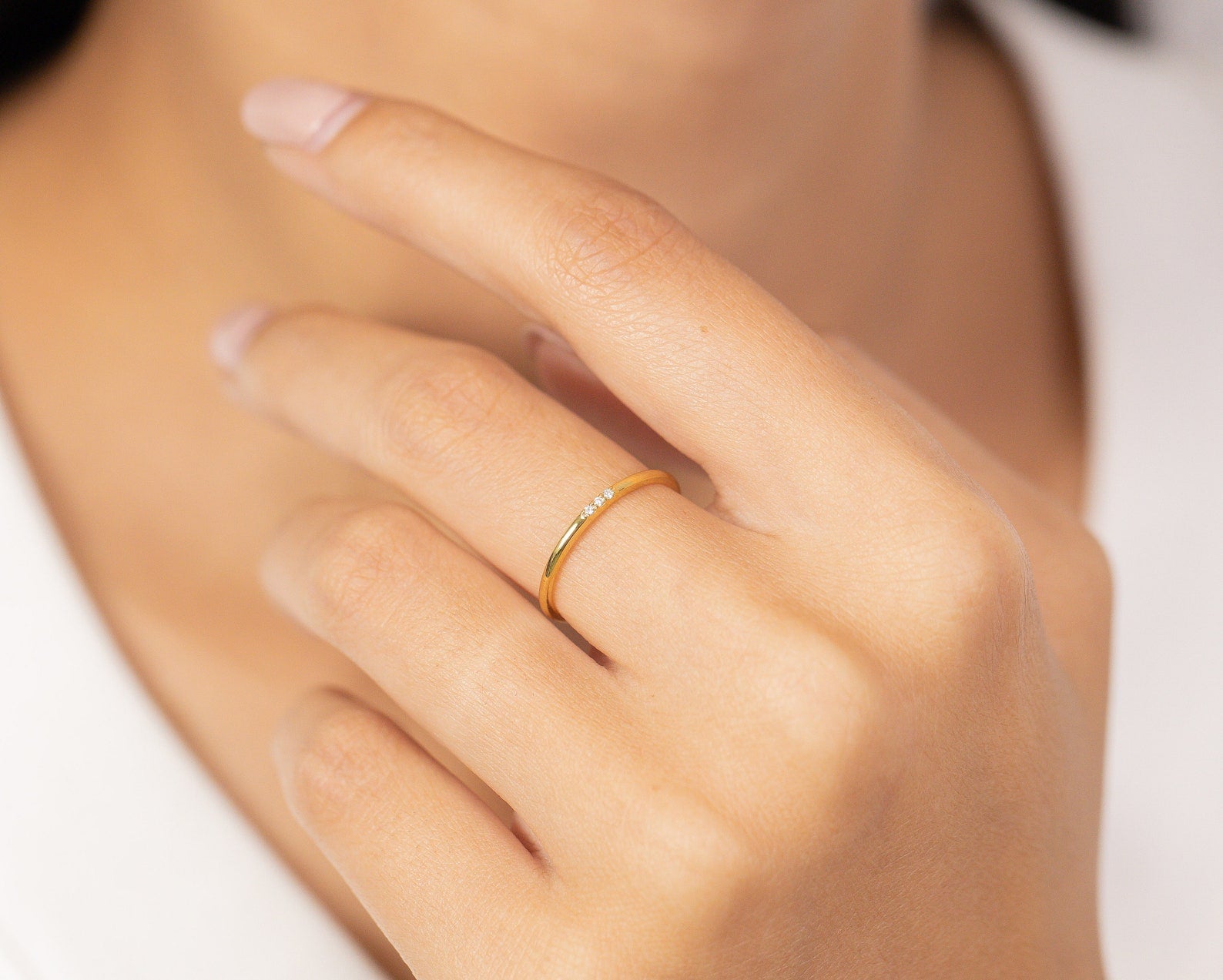 Three Stones Moissanite Ring, Thin Triple Stone Stacking Ring, Minimalist Ring, Promise Ring, Gift for Her