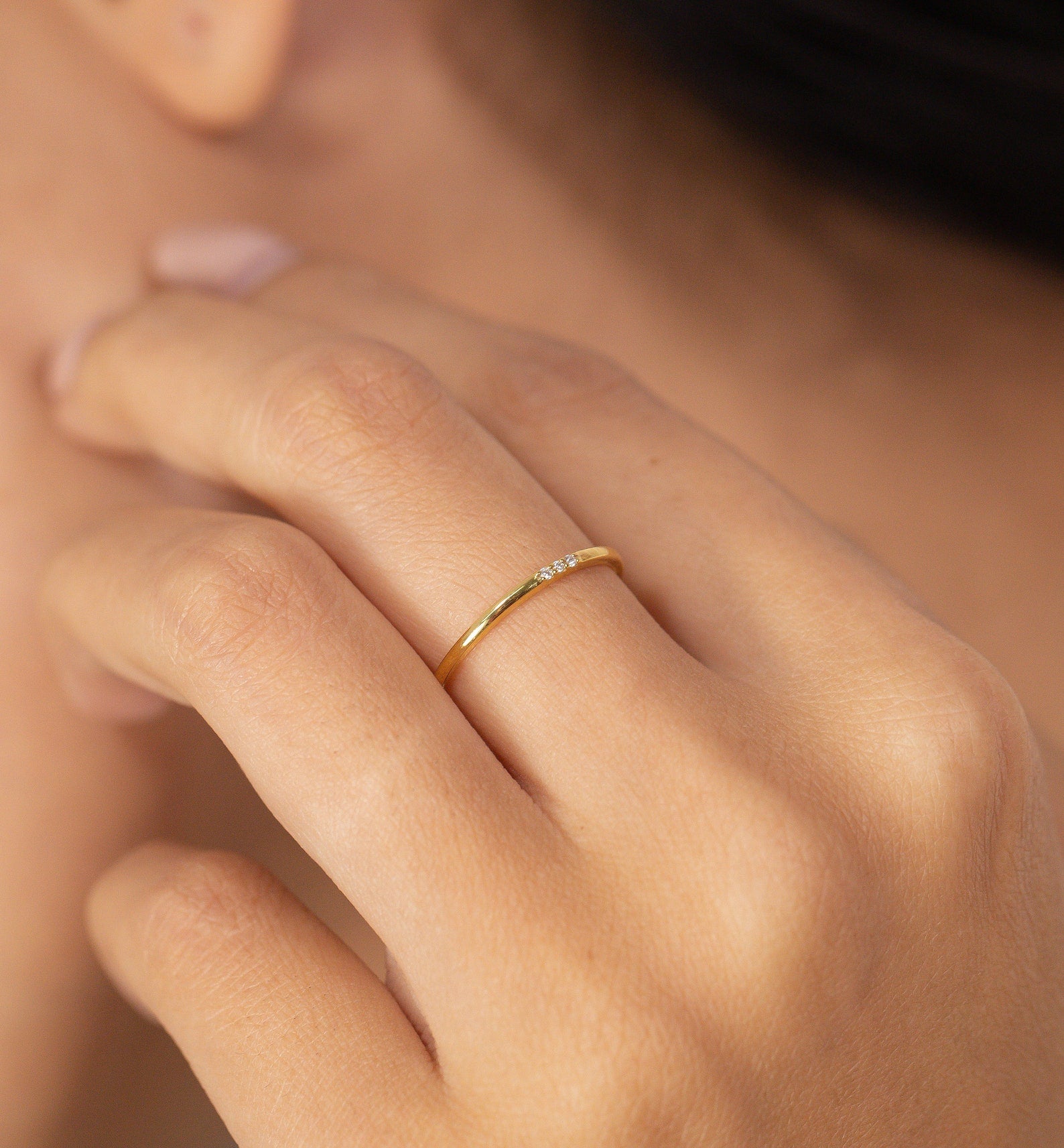 Three Stones Moissanite Ring, Thin Triple Stone Stacking Ring, Minimalist Ring, Promise Ring, Gift for Her