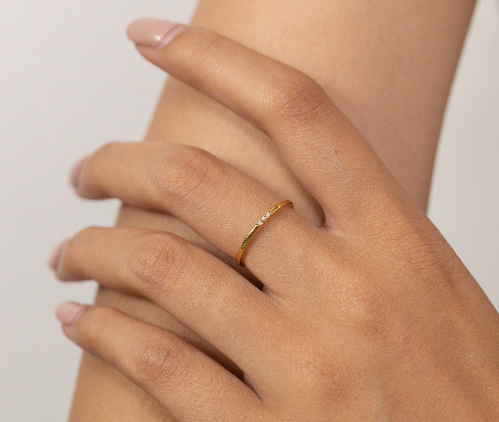 Three Stones Moissanite Ring, Thin Triple Stone Stacking Ring, Minimalist Ring, Promise Ring, Gift for Her