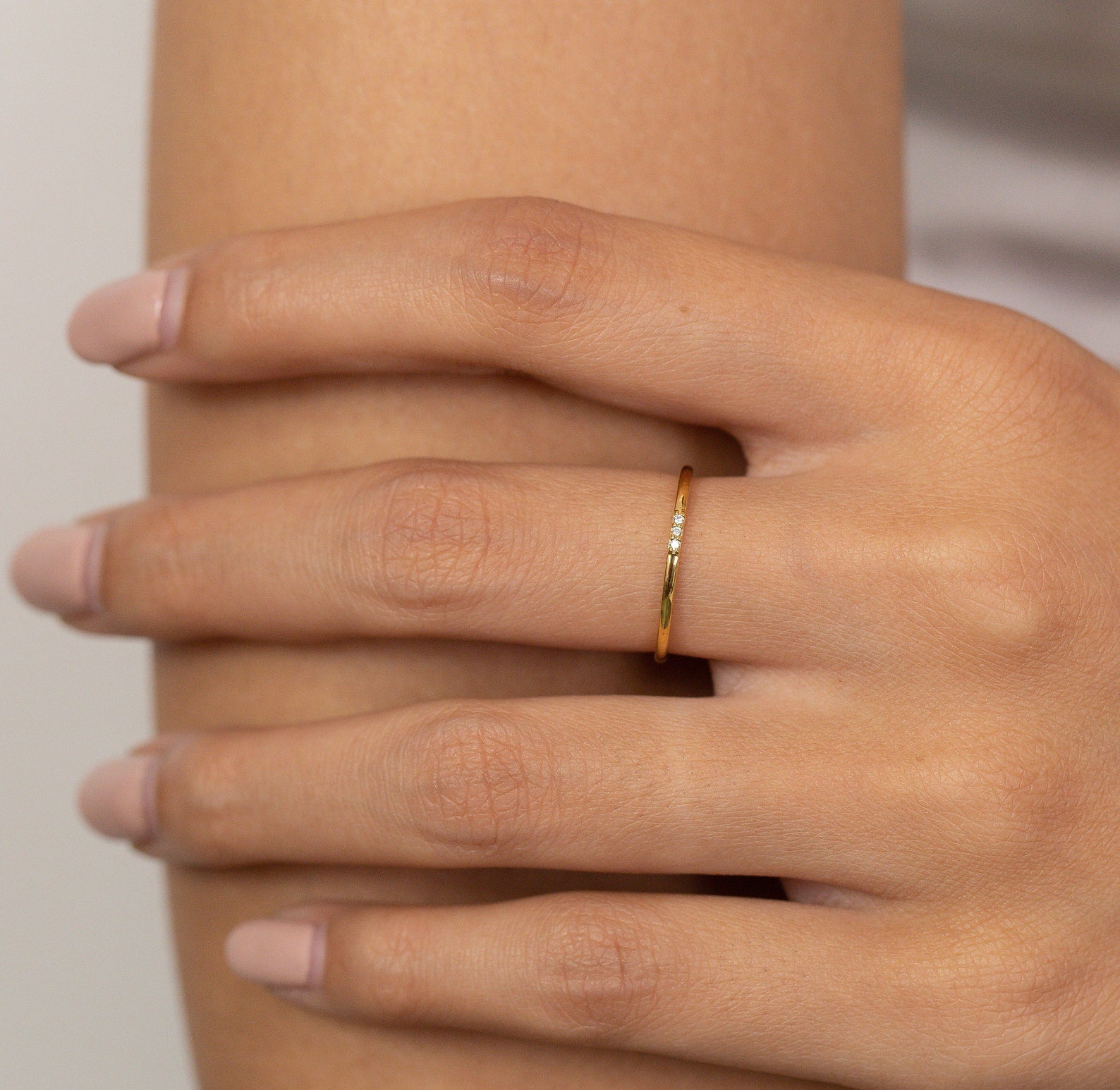 Three Stones Moissanite Ring, Thin Triple Stone Stacking Ring, Minimalist Ring, Promise Ring, Gift for Her