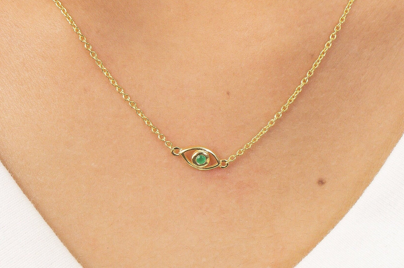 Emerald Evil Eye Necklace, Good Luck Necklace, May Birthstones Gift, Protection Necklace, Christmas Gift for Women