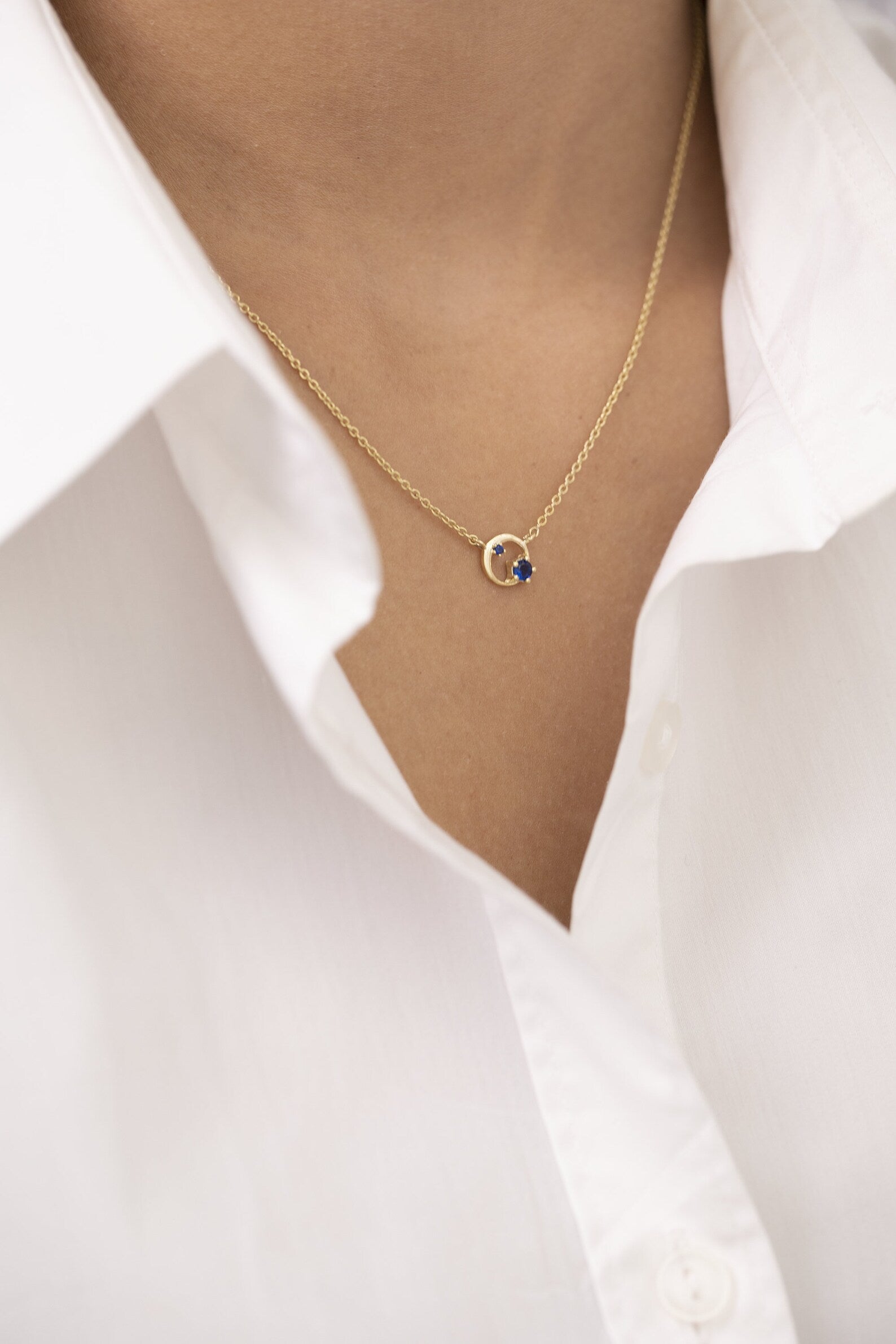 Blue Sapphire Circle Necklace, September Birthstone Gift, Open Circle Karma Necklace, Circle Necklace, Layering Necklace