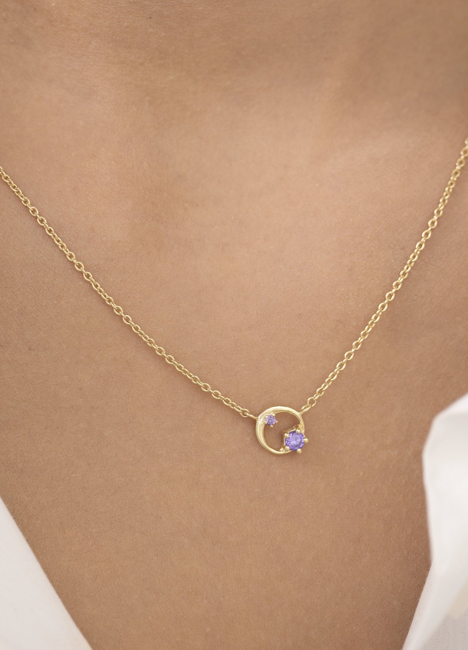 Amethyst Circle Necklace, February Birthstone Gift, Open Circle Karma Necklace, Tiny Circle Necklace, Layering Necklace