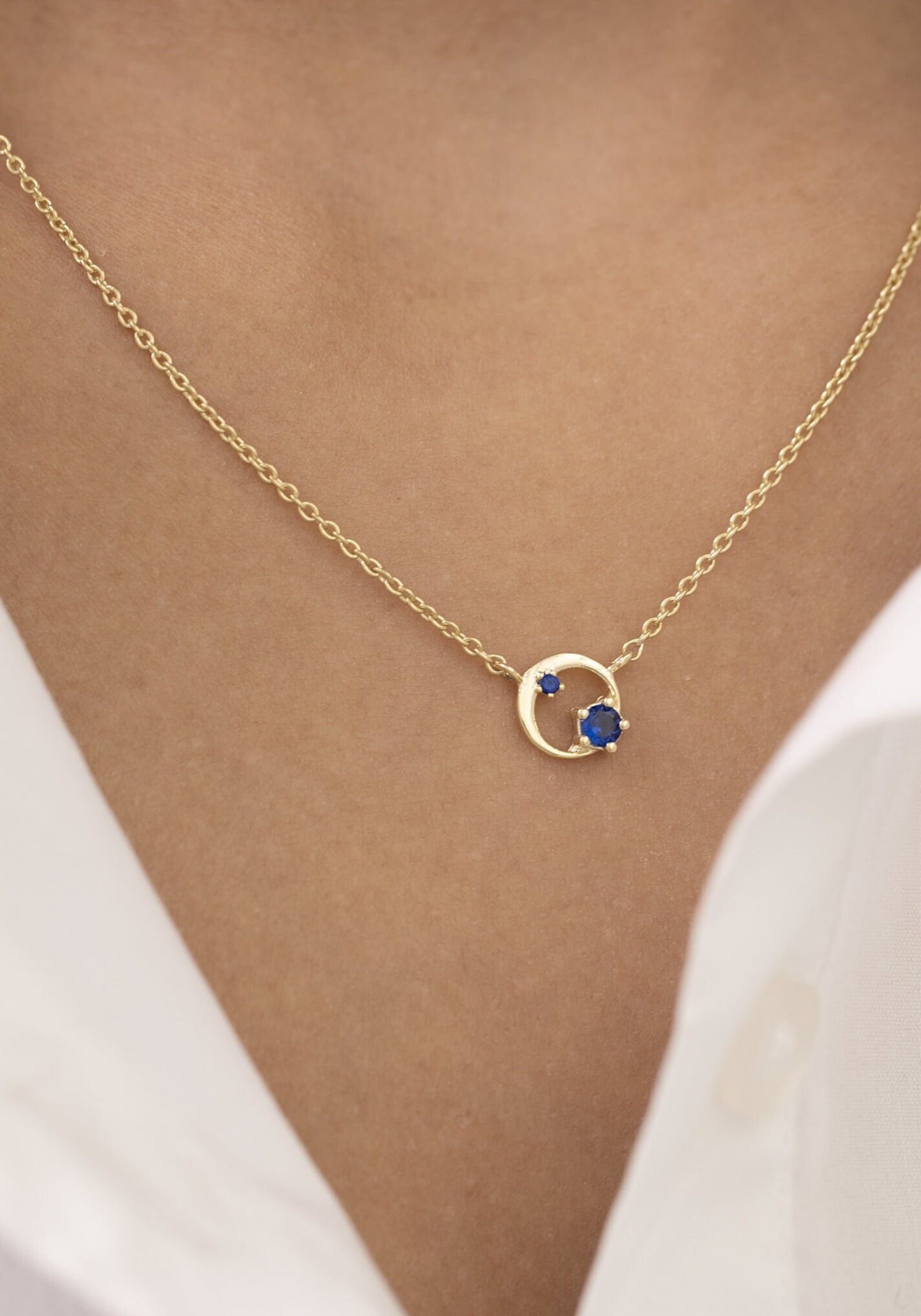Blue Sapphire Circle Necklace, September Birthstone Gift, Open Circle Karma Necklace, Circle Necklace, Layering Necklace